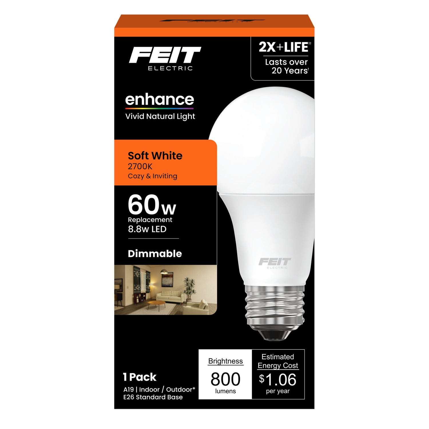 8.8W (60W Replacement) Soft White (2700K) A19 E26 Base Dimmable LED