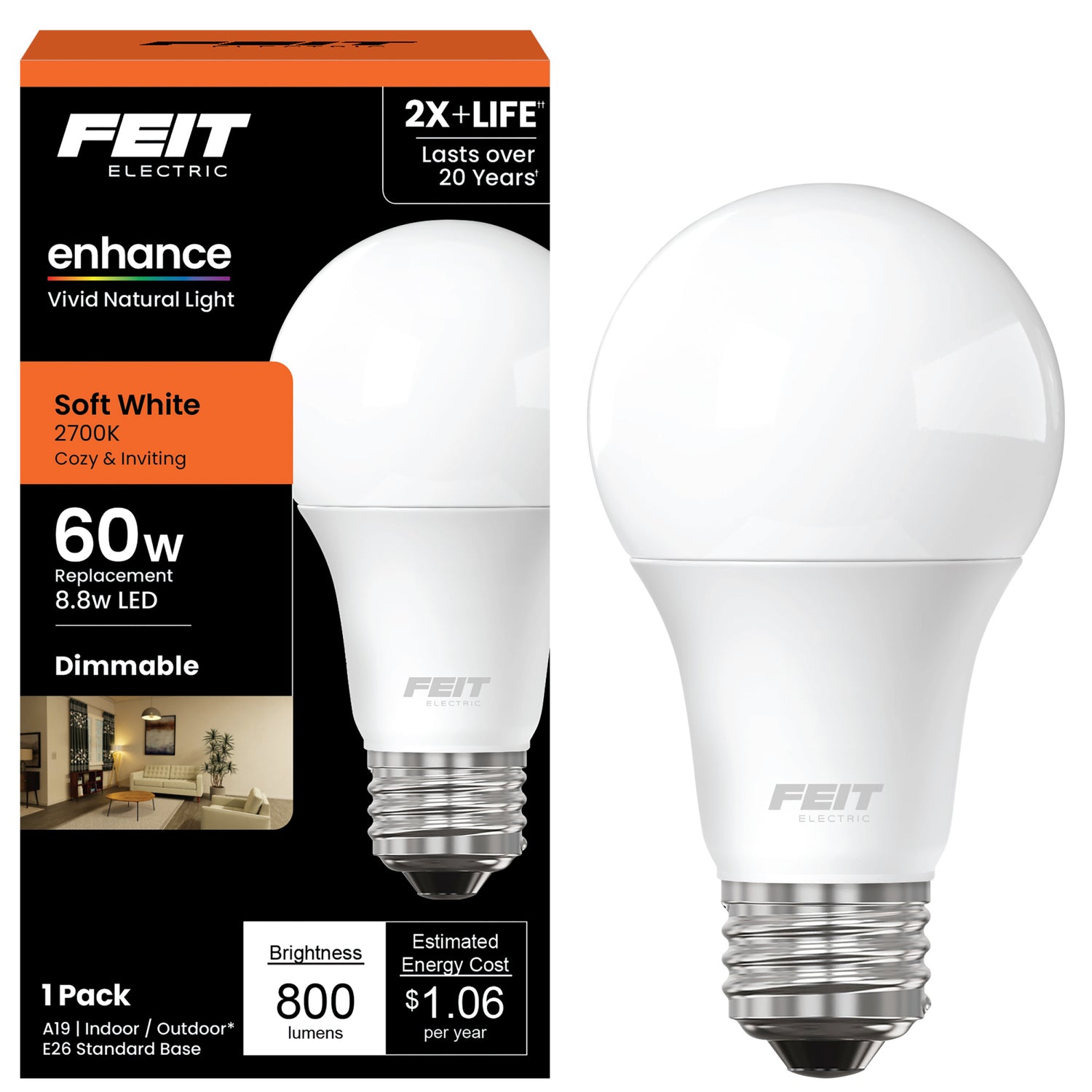 8.8W (60W Replacement) Soft White (2700K) A19 E26 Base Dimmable LED