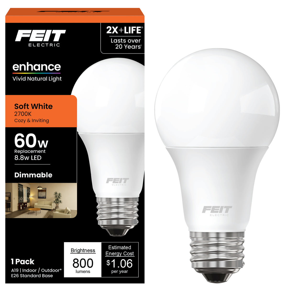 8.8W (60W Replacement) Soft White (2700K) A19 E26 Base Dimmable LED