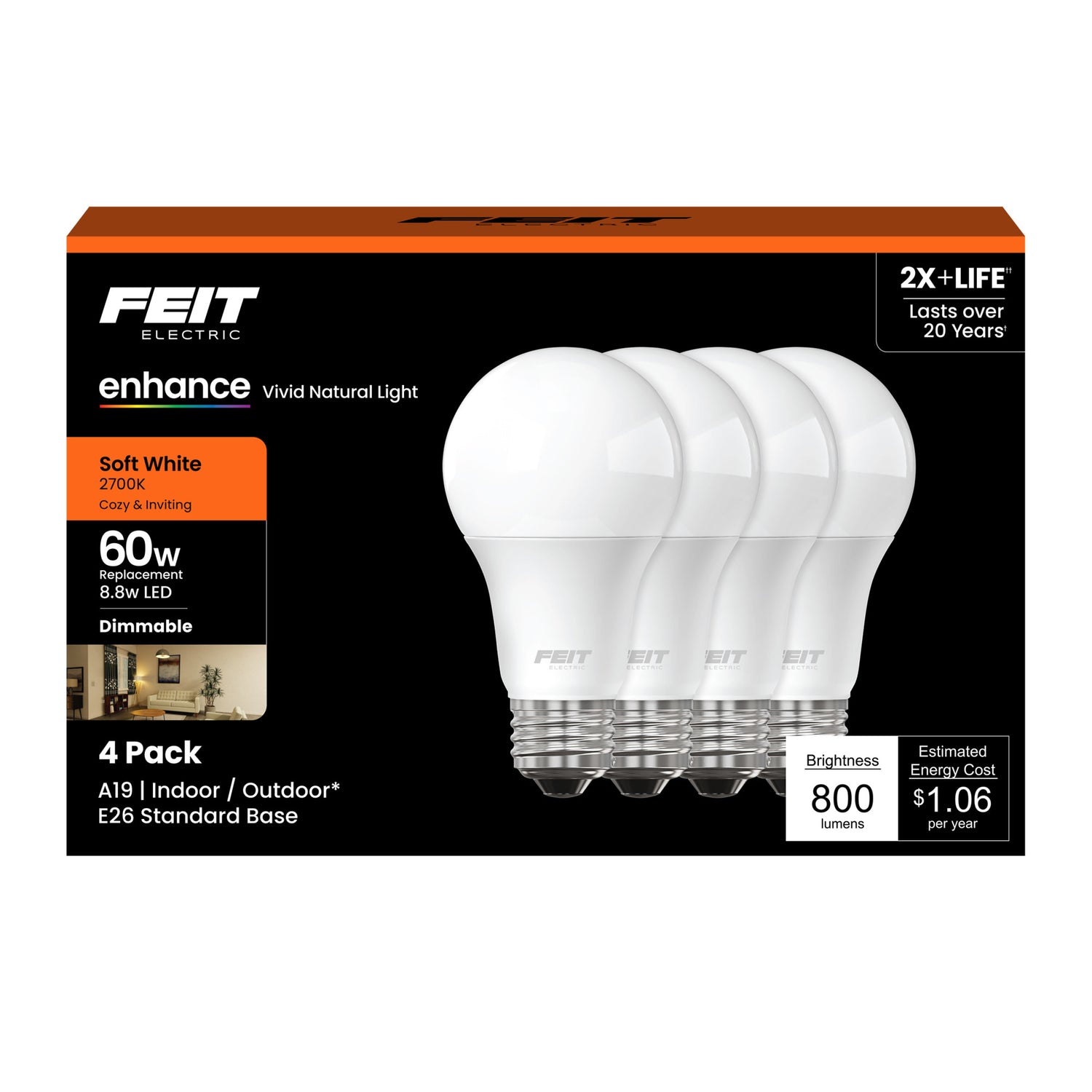 8.8W (60W Replacement) Soft White (2700K) A19 E26 Base Dimmable LED