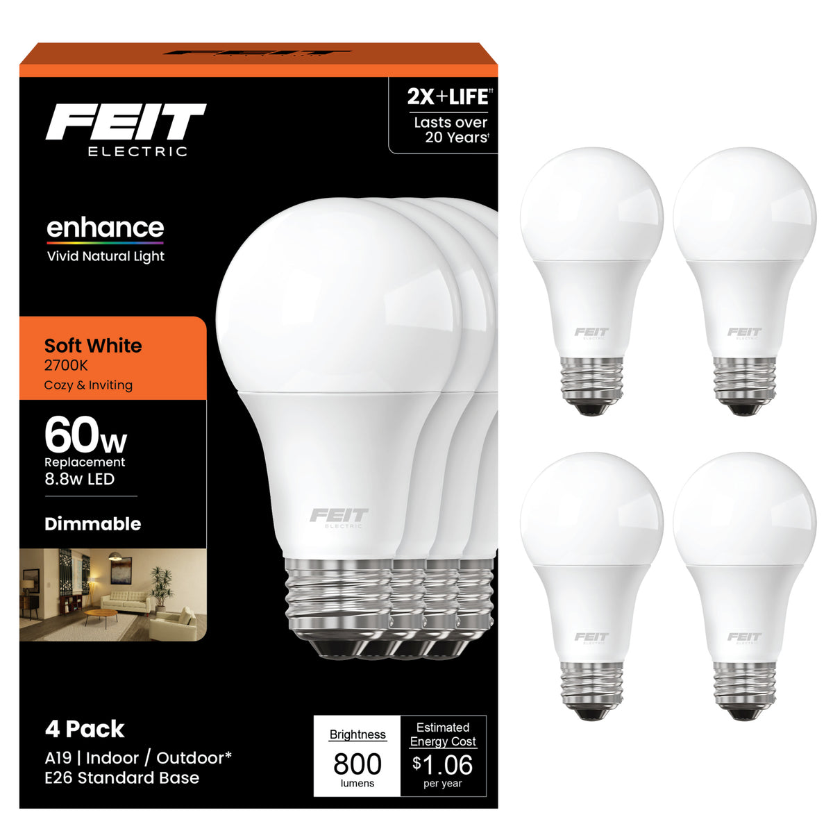 8.8W (60W Replacement) Soft White (2700K) A19 E26 Base Dimmable LED