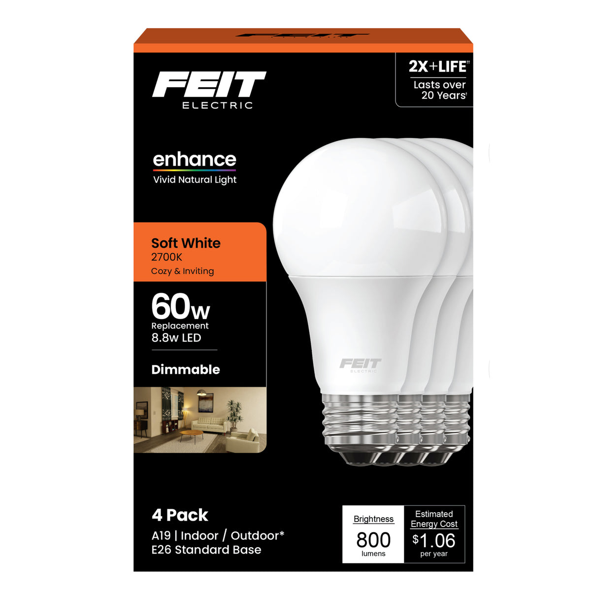 8.8W (60W Replacement) Soft White (2700K) A19 E26 Base Dimmable LED
