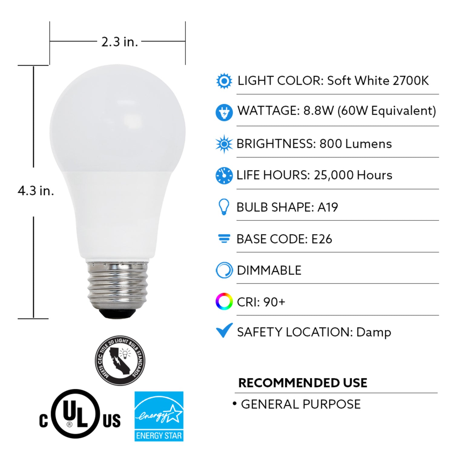 8.8W (60W Replacement) Soft White (2700K) A19 E26 Base Dimmable LED