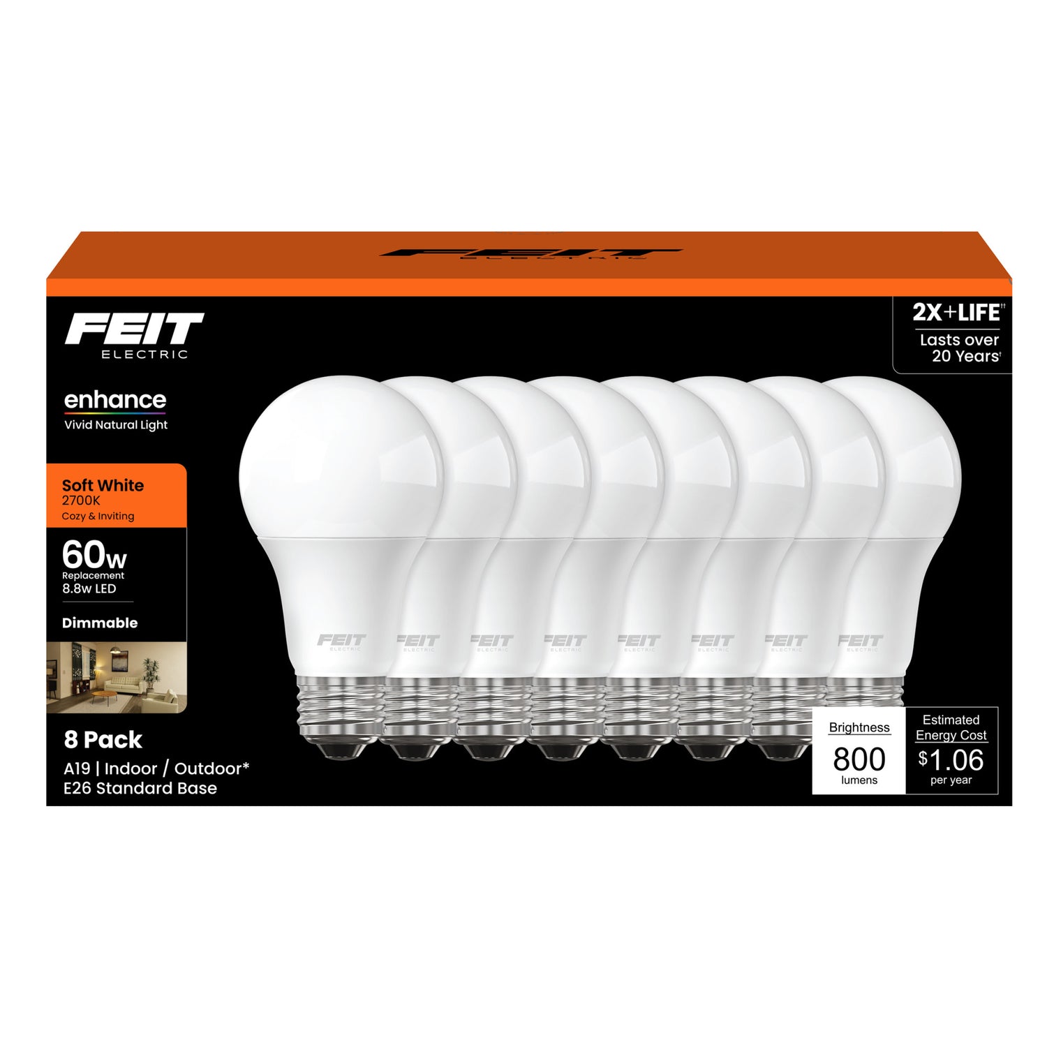 8W (60W Replacement) Soft White (2700K) A19 (E26 Base) Dimmable LED Light Bulb (8-Pack)