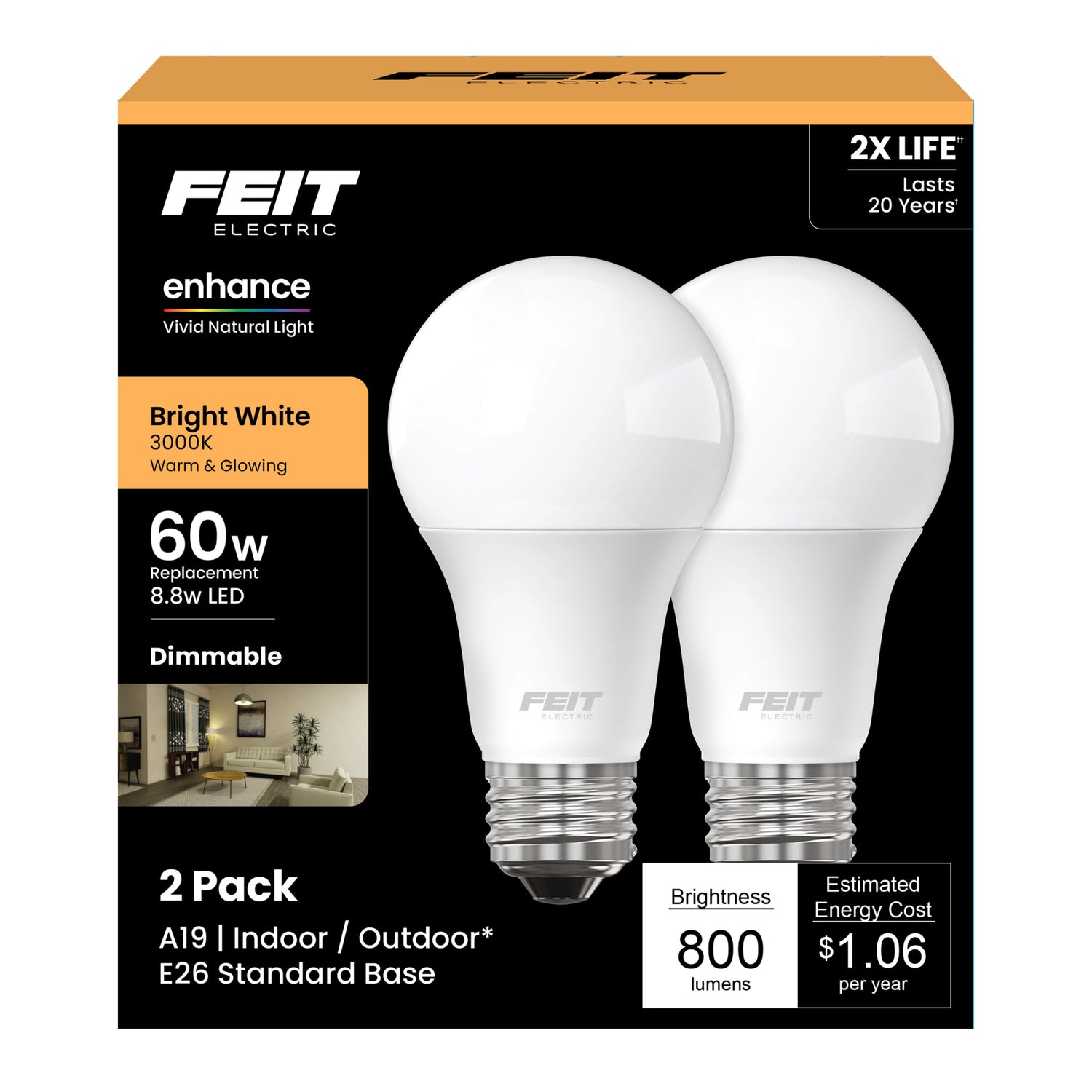 800 Lumens 3000K Dimmable LED - Feit Electric