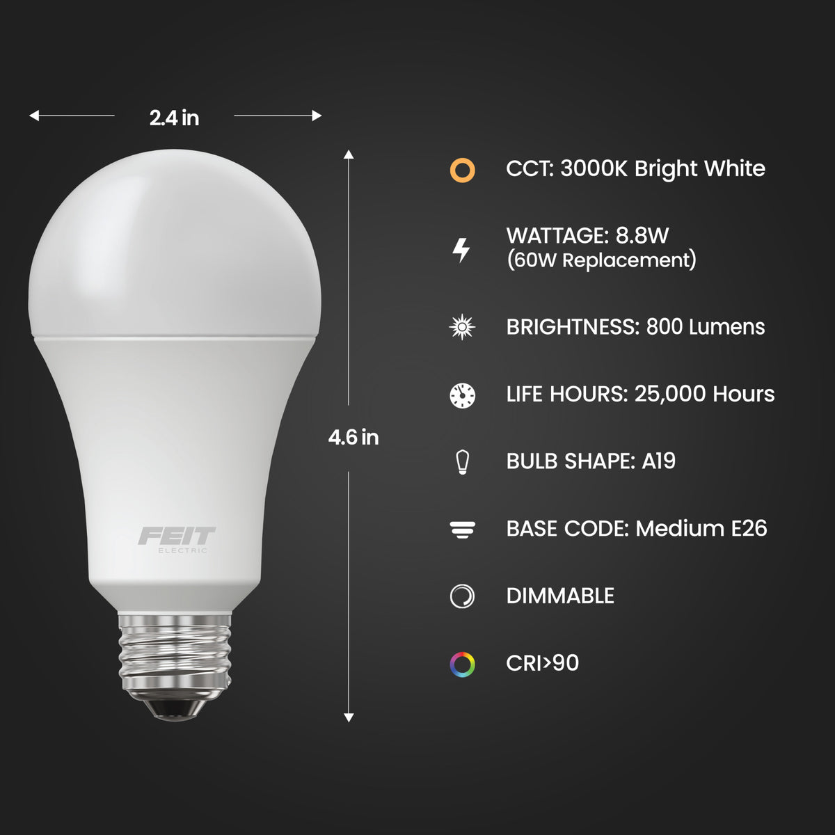 8.8W (60W Replacement) Bright White (3000K) E26 Base A19 Dimmable Enhance LED Light Bulb (4-Pack)