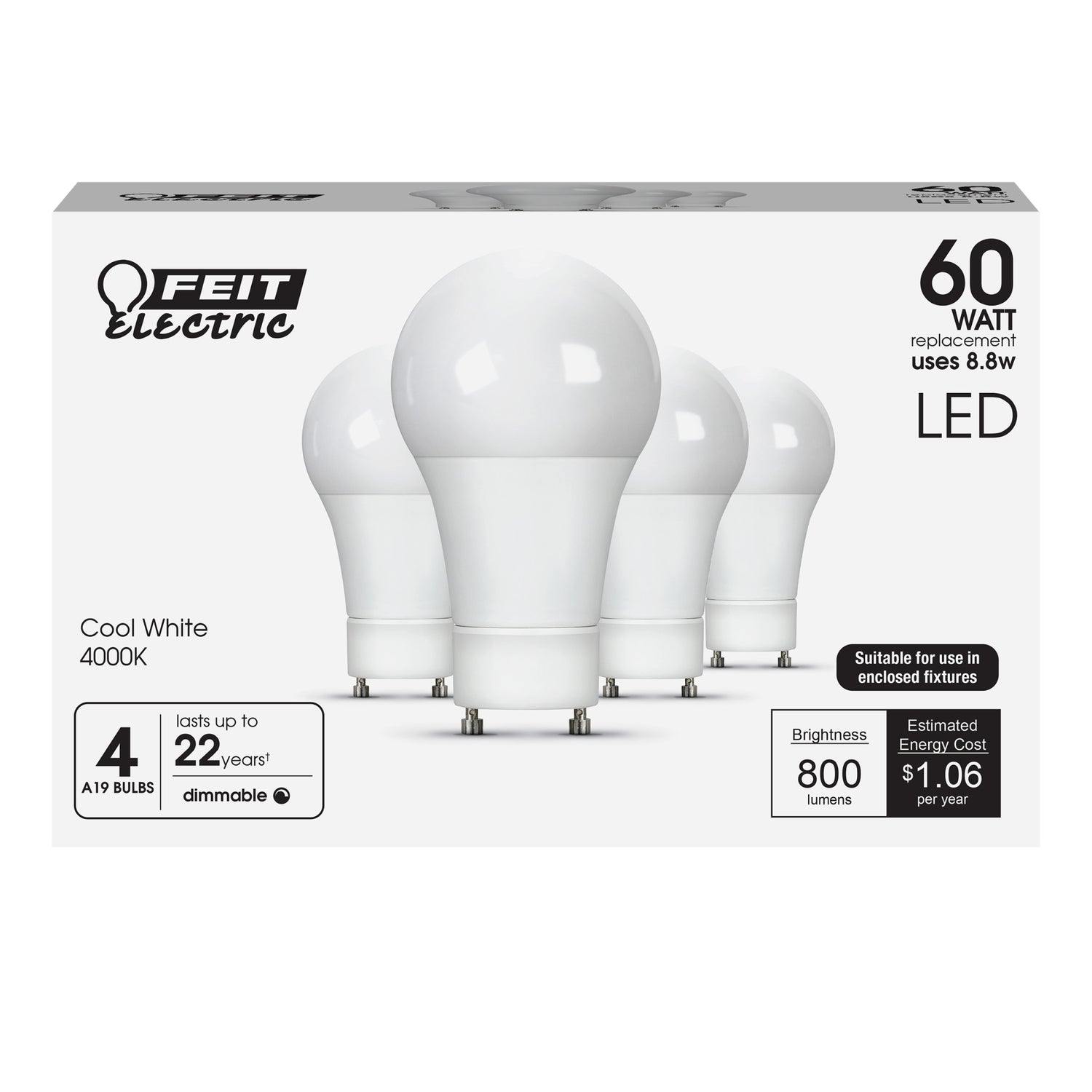 8.8W (60W Replacement) Cool White (4000K) A19 (GU24 Base) Dimmable LED Light Bulb (4-Pack)