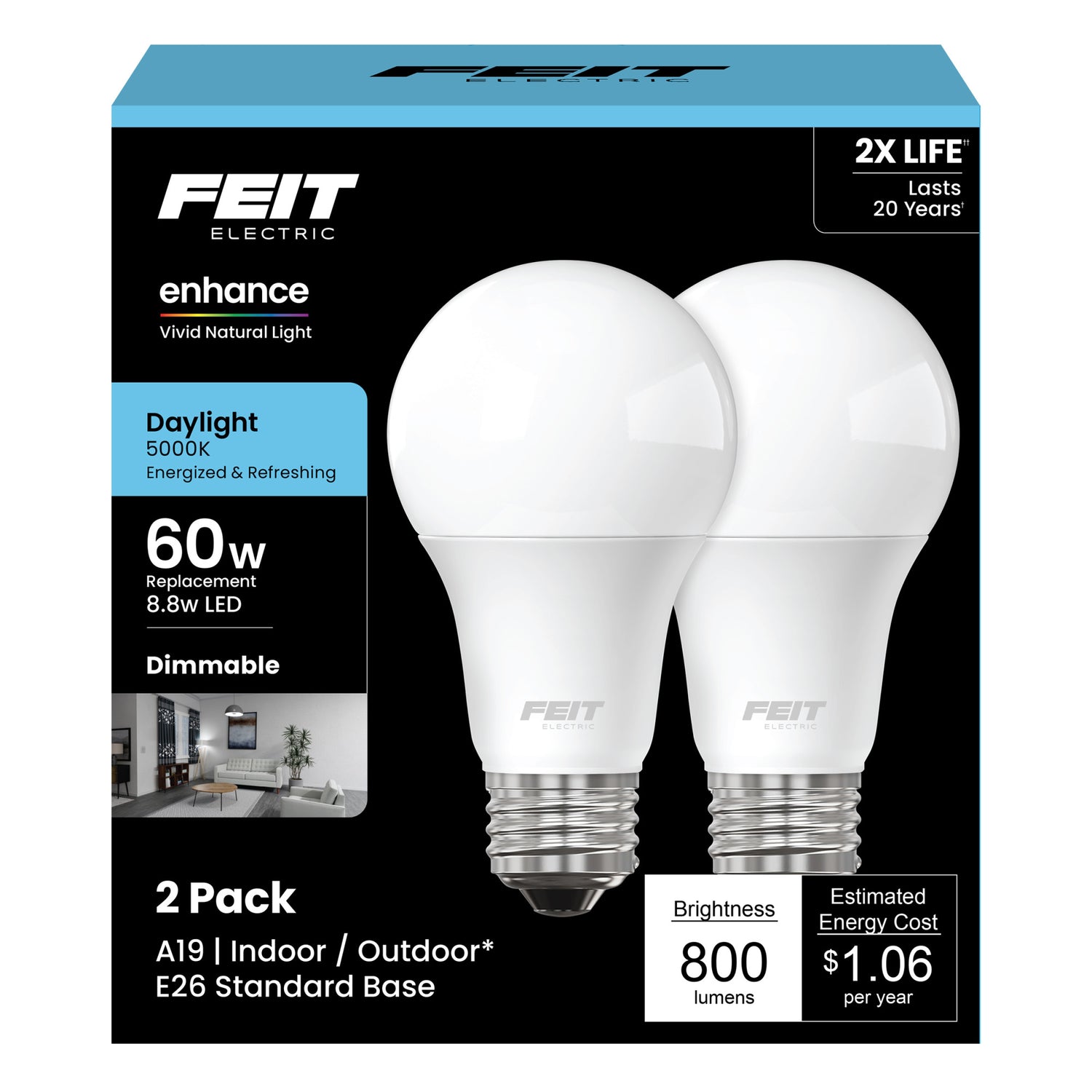 8.8W (60W Replacement) Daylight (5000K) Dimmable LED (2-Pack) - Feit Electric