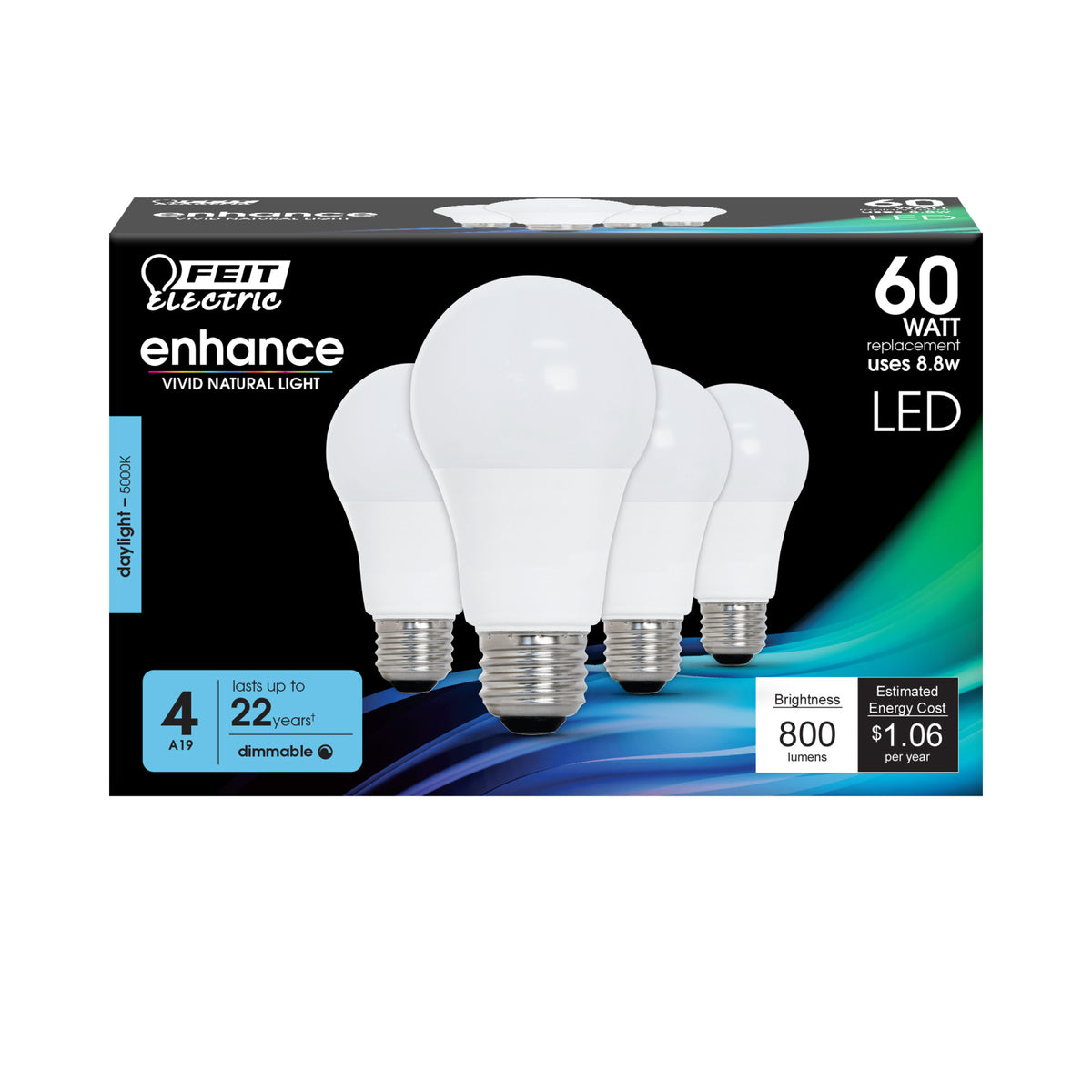 8.8W (60W Replacement) Daylight (5000K) A19 E26 Base Dimmable LED Bulb (4-Pack)