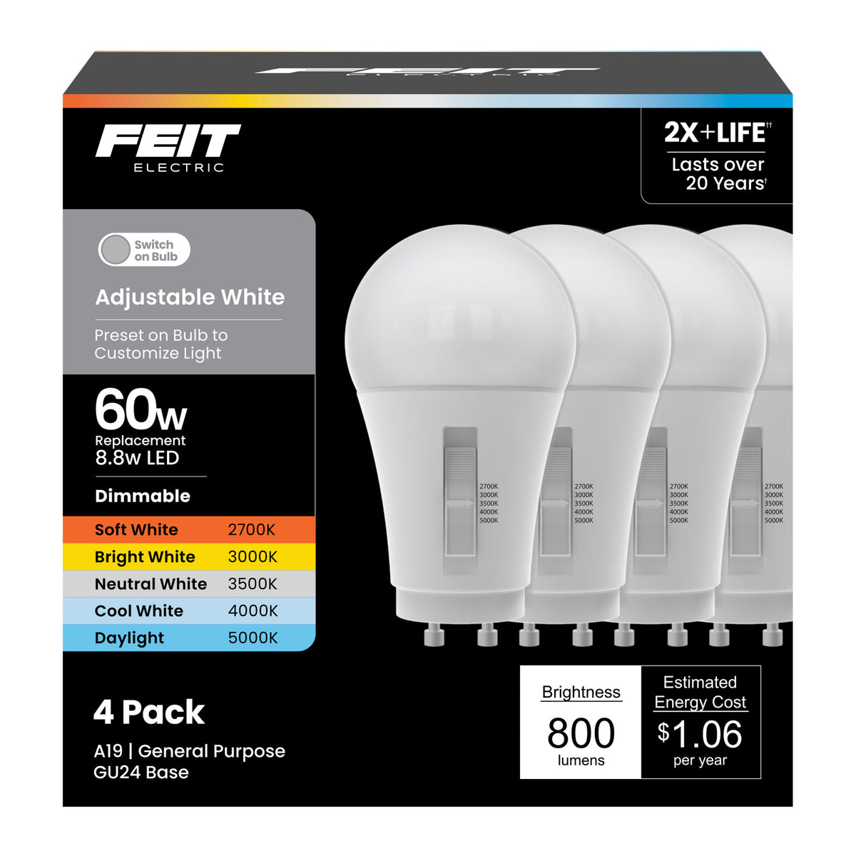 8.8W (60W Replacement) Adjustable White GU24 Base A19 LED Bulb (4 4-Packs)