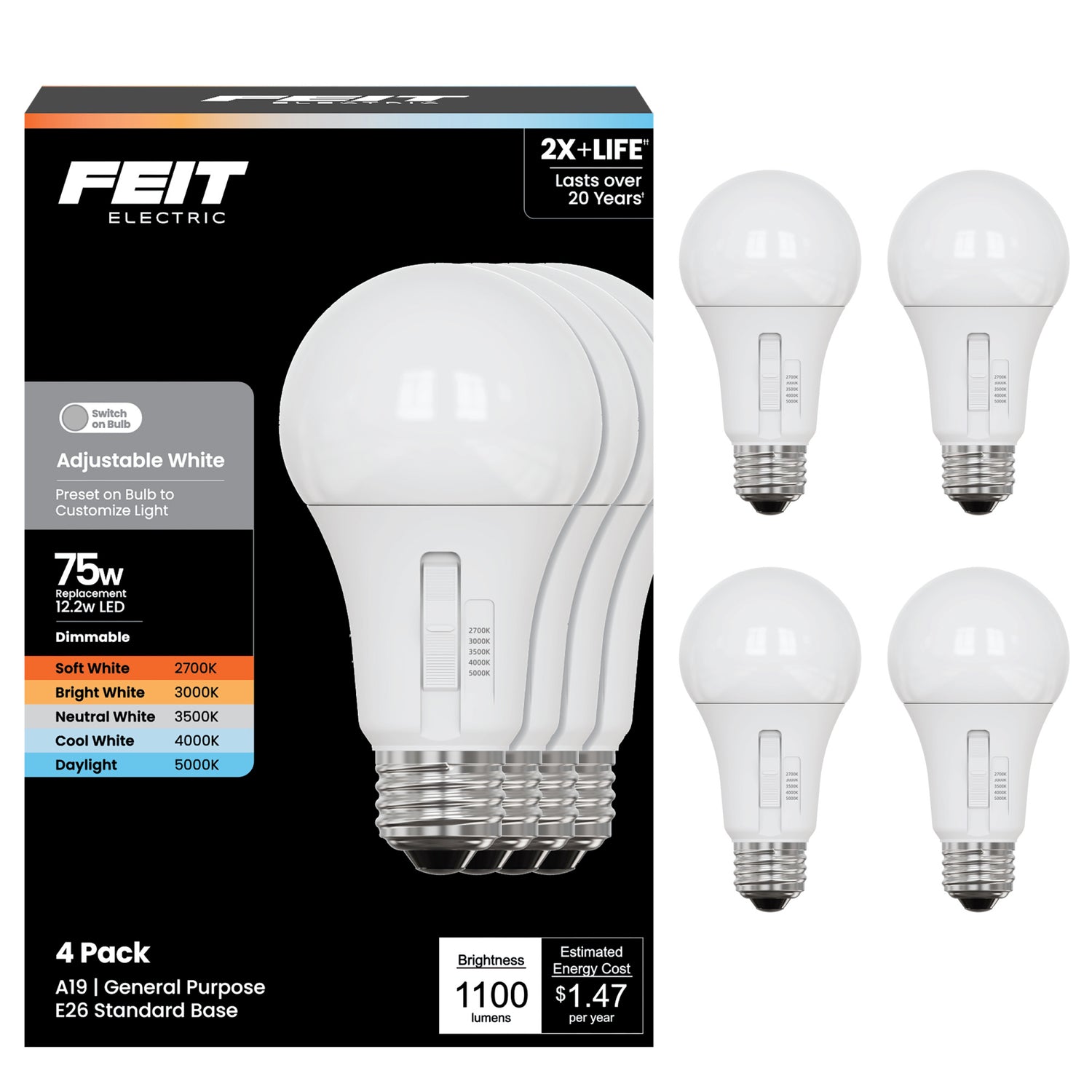 12.2W (75W Replacement) Adjustable White E26 Base A19 Dimmable Enhance LED Bulb (4-Pack)