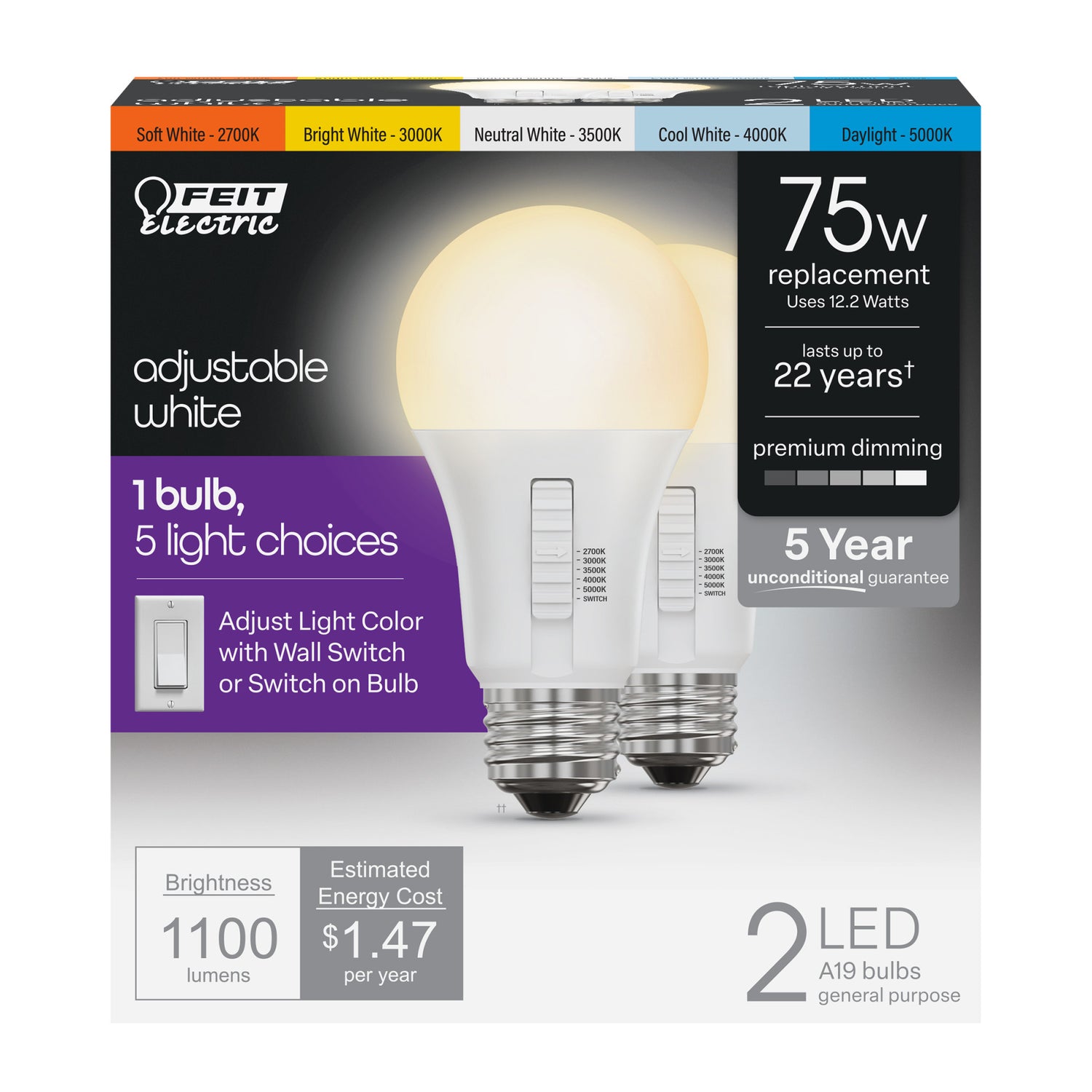 12.2W (75W Replacement) Adjustable White E26 Base A19 Dimmable LED Bulb (2-Pack)