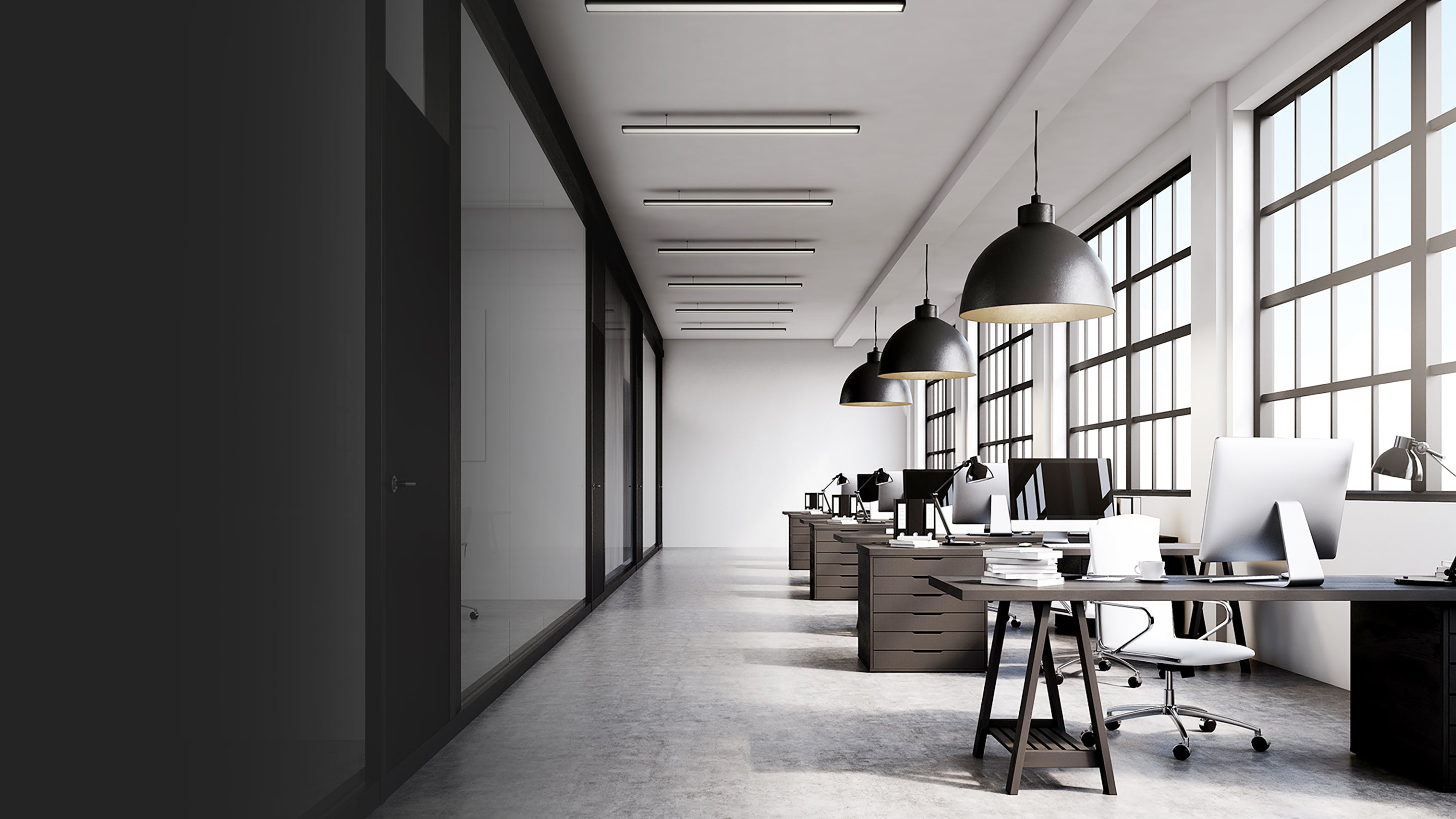 Office lighting pendant lights and fluorescent LED tubes