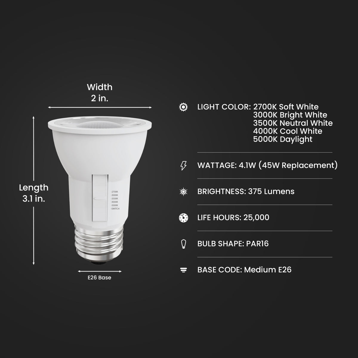 4.1W (45W Replacement) Adjustable White E26 Base PAR16 Dimmable Reflector LED with Switch Mode (2-Pack)