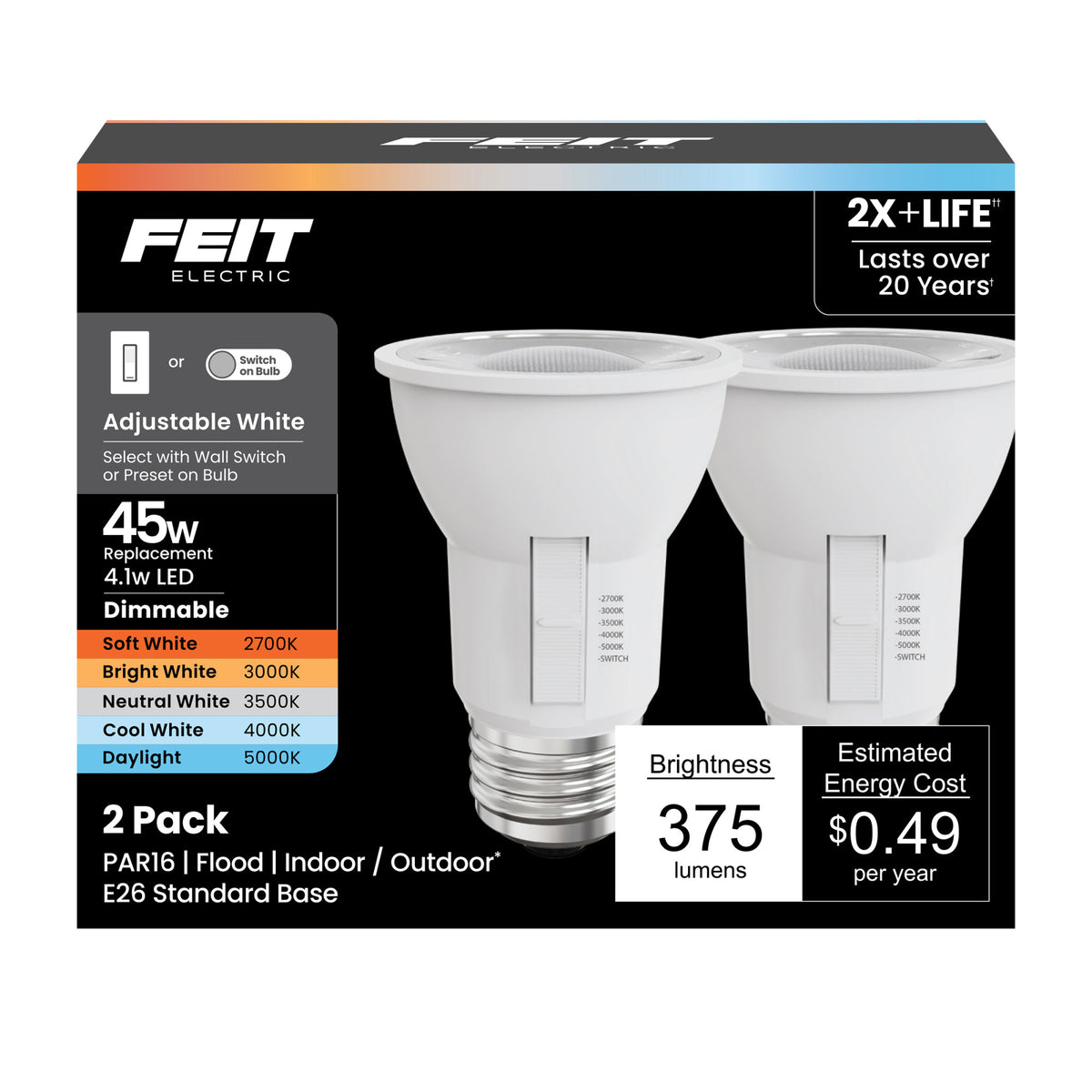 4.1W (45W Replacement) Adjustable White E26 Base PAR16 Dimmable Reflector LED with Switch Mode (2-Pack)