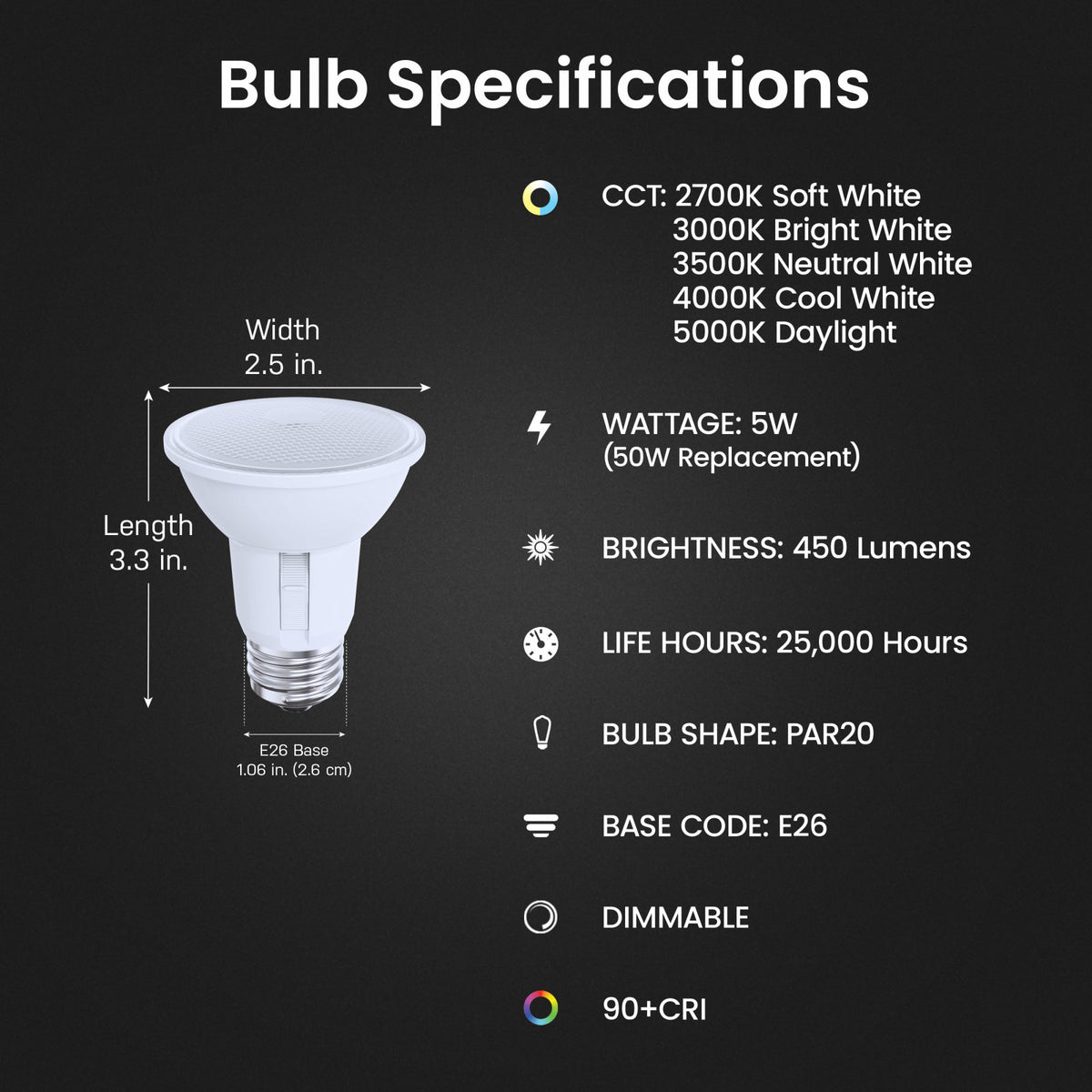 5W (50W Replacement) Adjustable White E26 PAR20 Dimmable Beam Choice Enhance LED Light Bulb  with Switch Mode