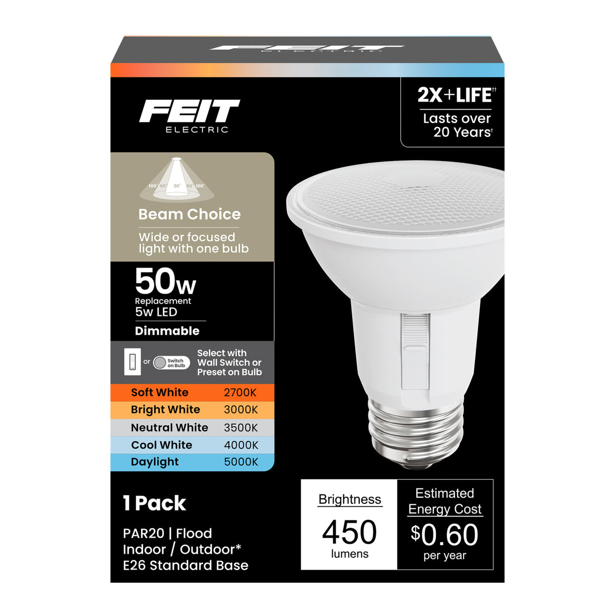 5W (50W Replacement) Adjustable White E26 PAR20 Dimmable Beam Choice Enhance LED Light Bulb  with Switch Mode