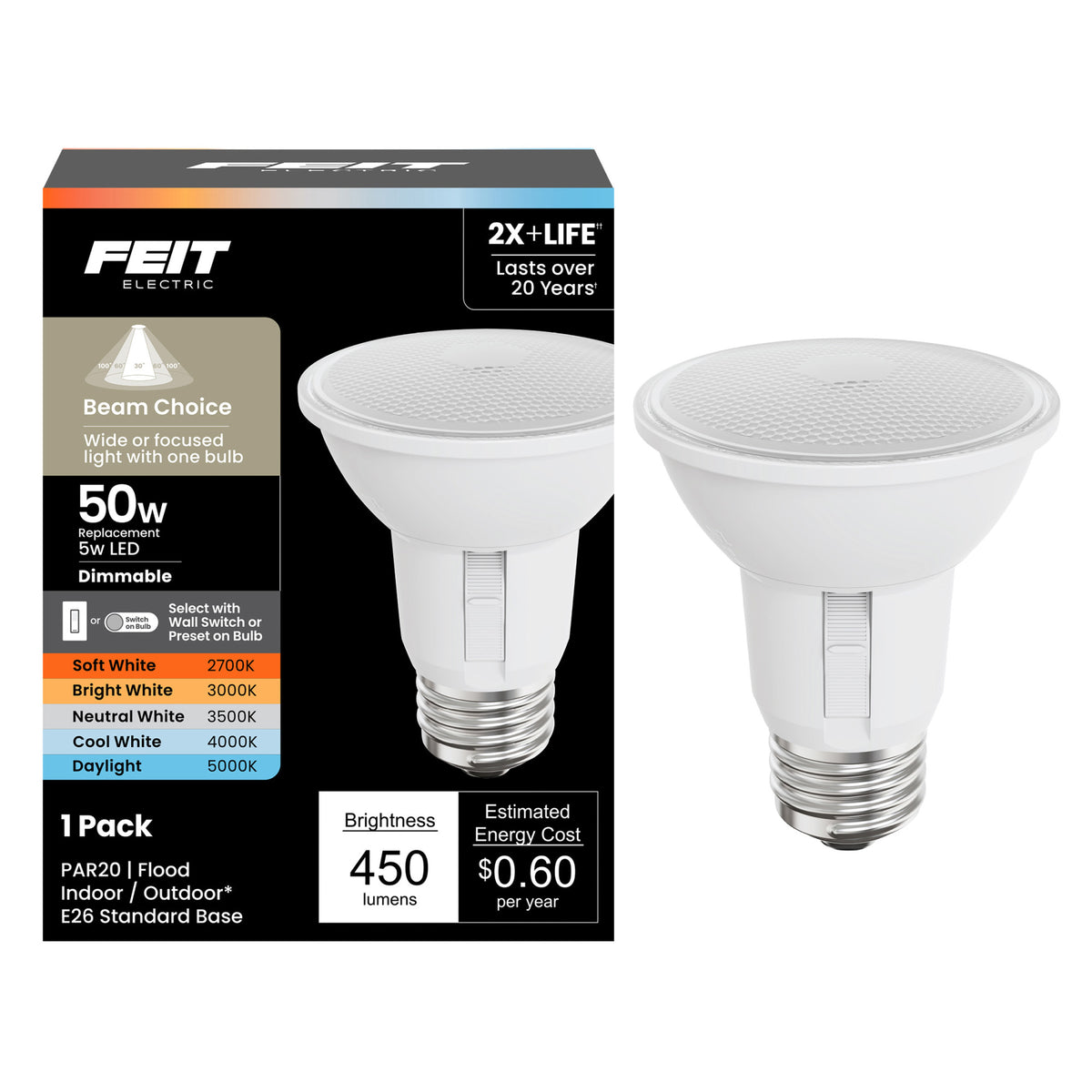 5W (50W Replacement) Adjustable White E26 PAR20 Dimmable Beam Choice Enhance LED Light Bulb  with Switch Mode