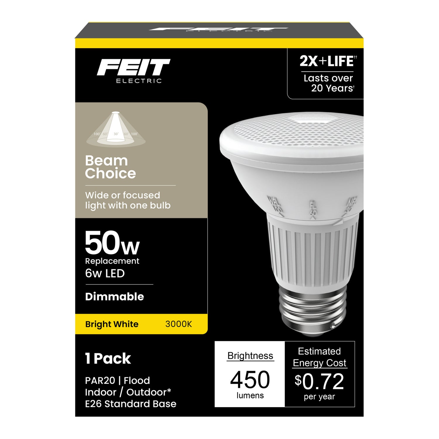 50W Replacement Bright White PAR20 Dimmable BeamChoice LED Light Bulb