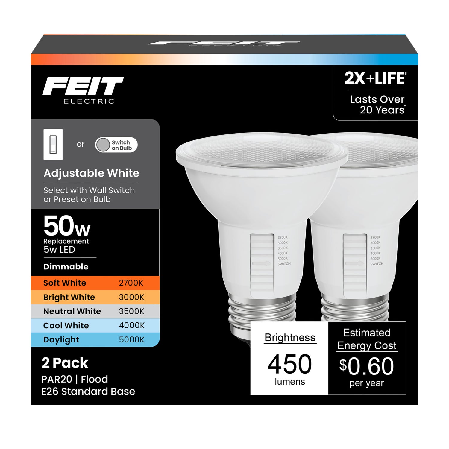 5W (50W Replacement) Adjustable White PAR20 Dimmable LED Bulb (2-Pack)
