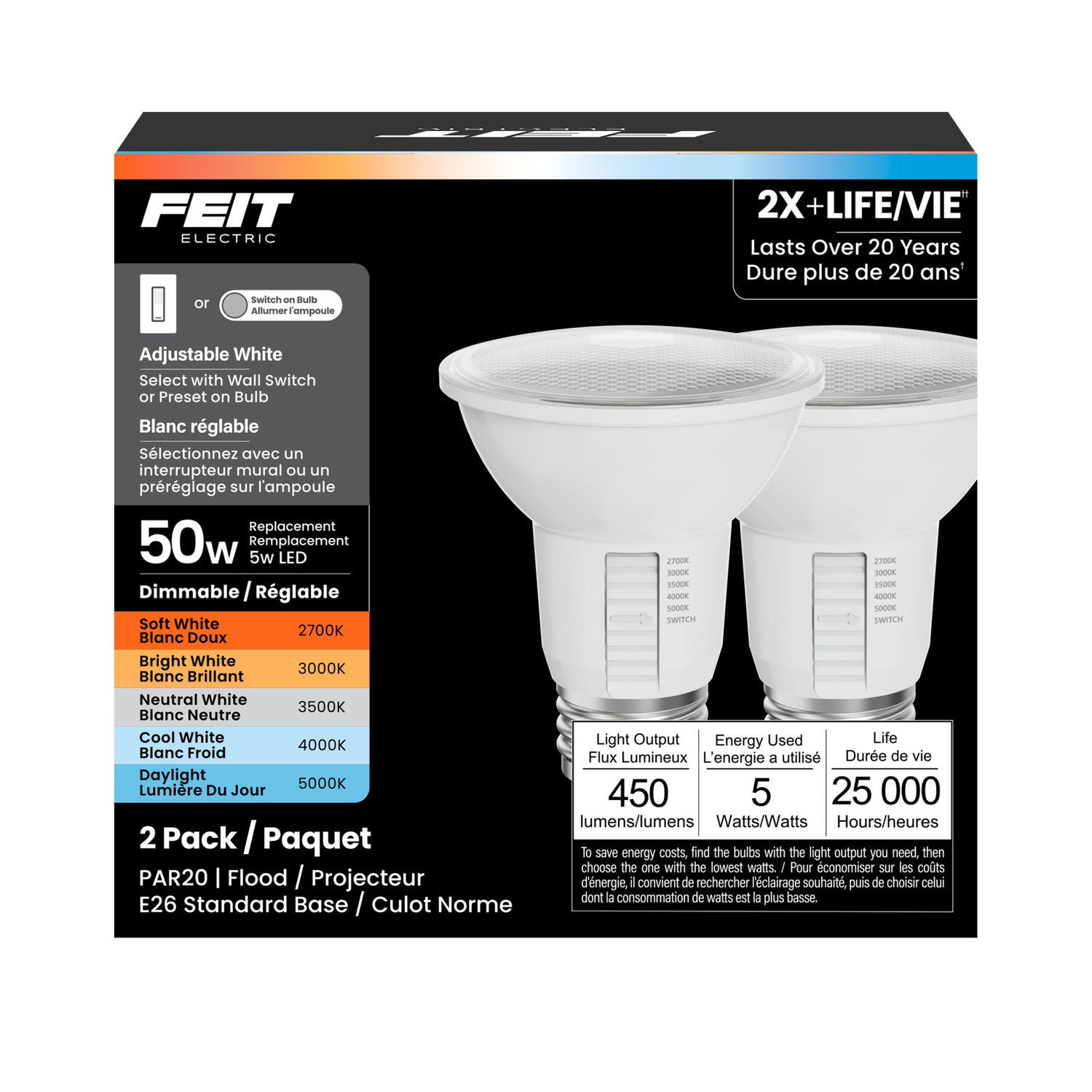5W (50W Replacement) Adjustable White PAR20 Dimmable LED Bulb (2-Pack)