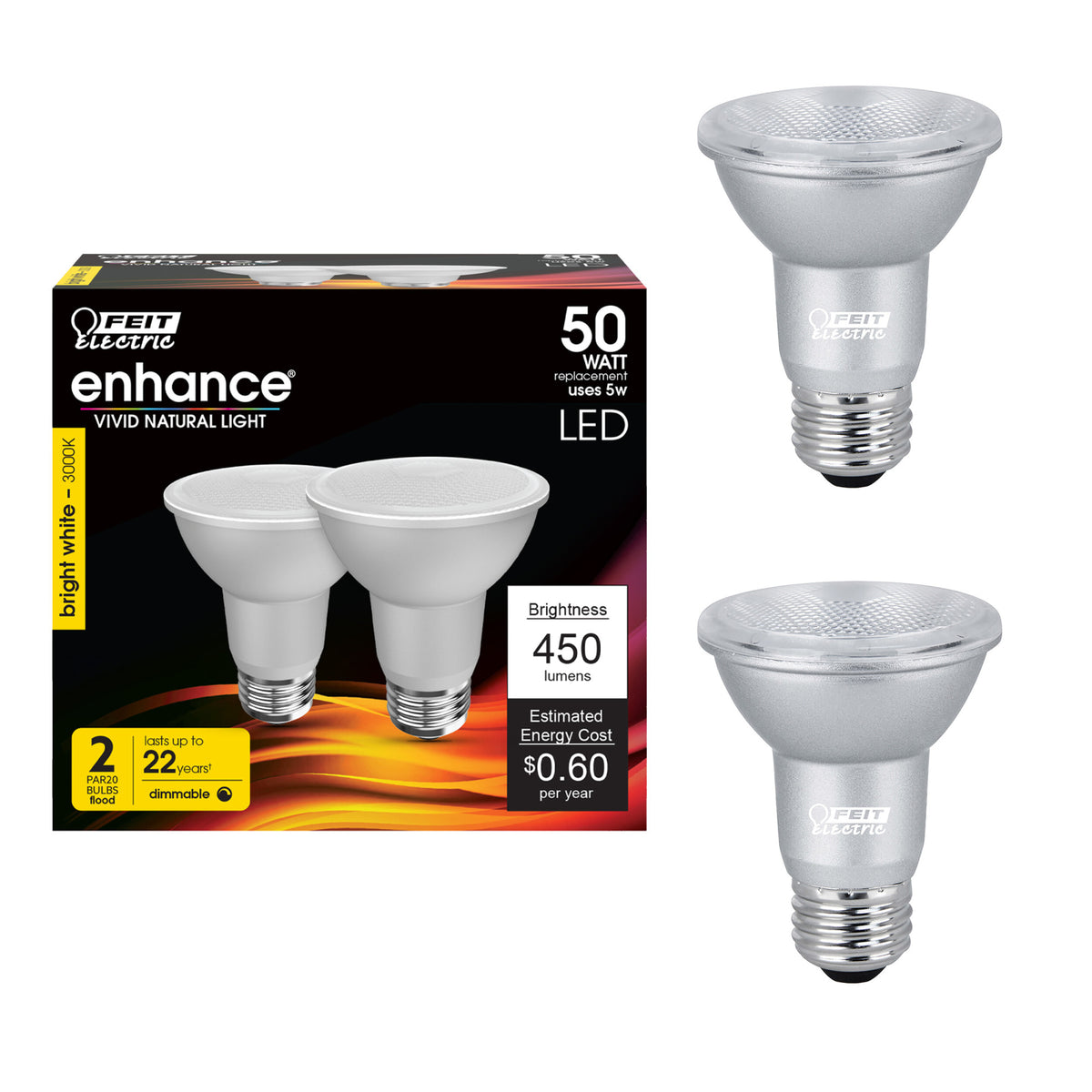 5W (50W Replacement) Bright White (3000K) E26 Base PAR20 Dimmable Enhance Reflector LED (2-Pack)