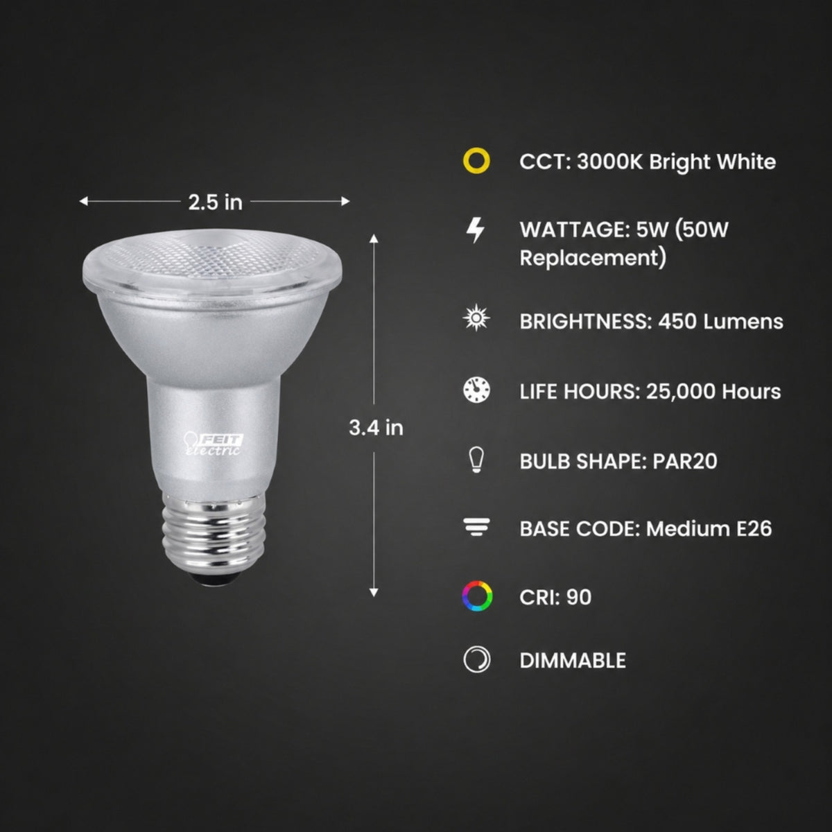 5W (50W Replacement) Bright White (3000K) E26 Base PAR20 Dimmable Enhance Reflector LED (2-Pack)