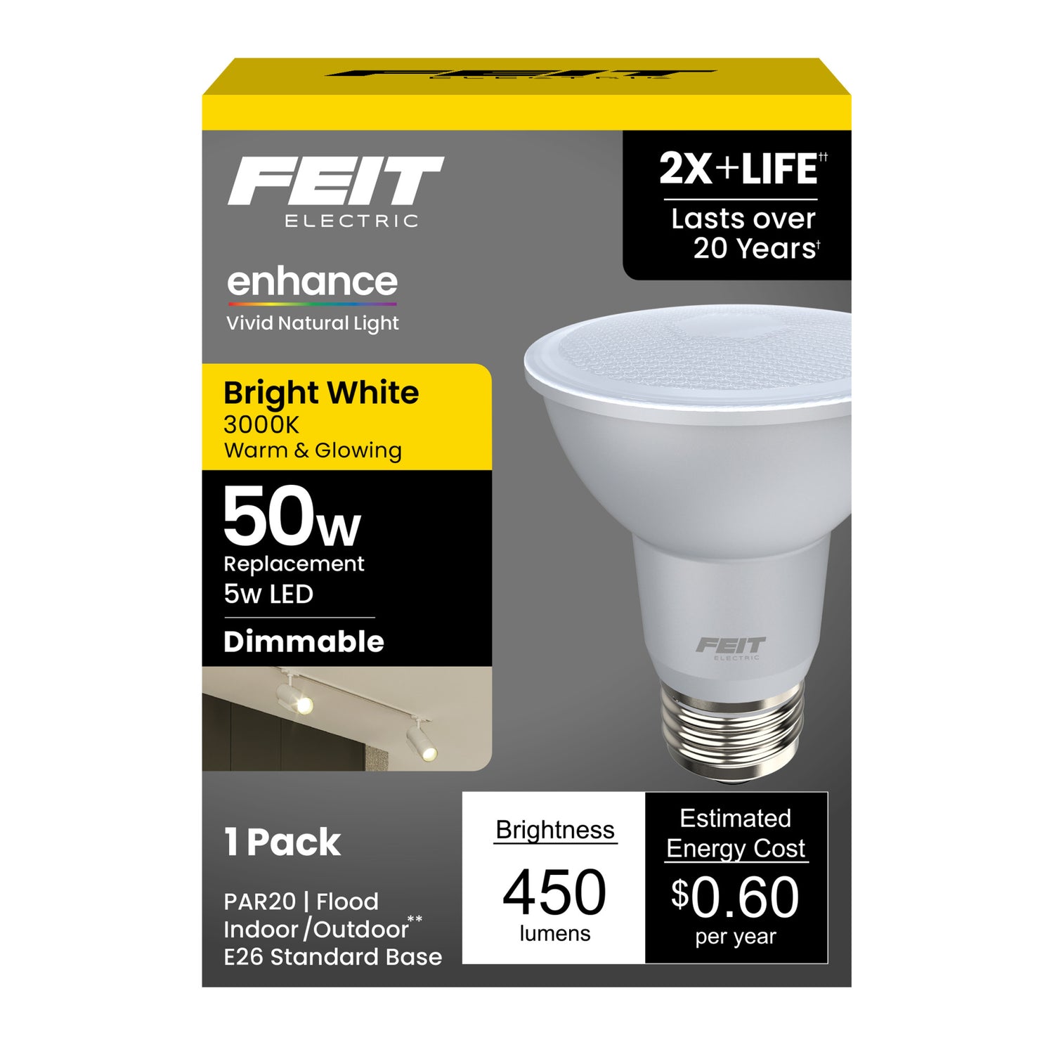5W (50W Replacement) Bright White (3000K) E26 Base PAR20 Dimmable Enhance Reflector LED Light Bulb