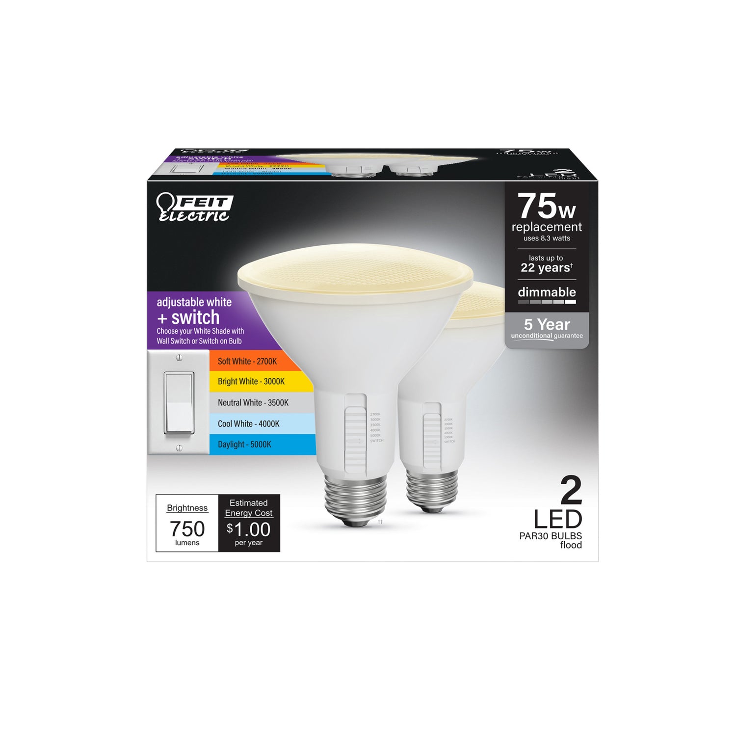 8.3W (75W Replacement) Adjustable White Dimmable PAR30 LED Bulb (2-Pack)
