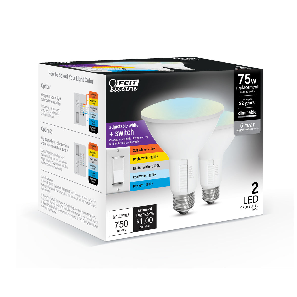 8.3W (75W Replacement) Adjustable White Dimmable PAR30 LED Bulb with Switch Mode (2-Pack)