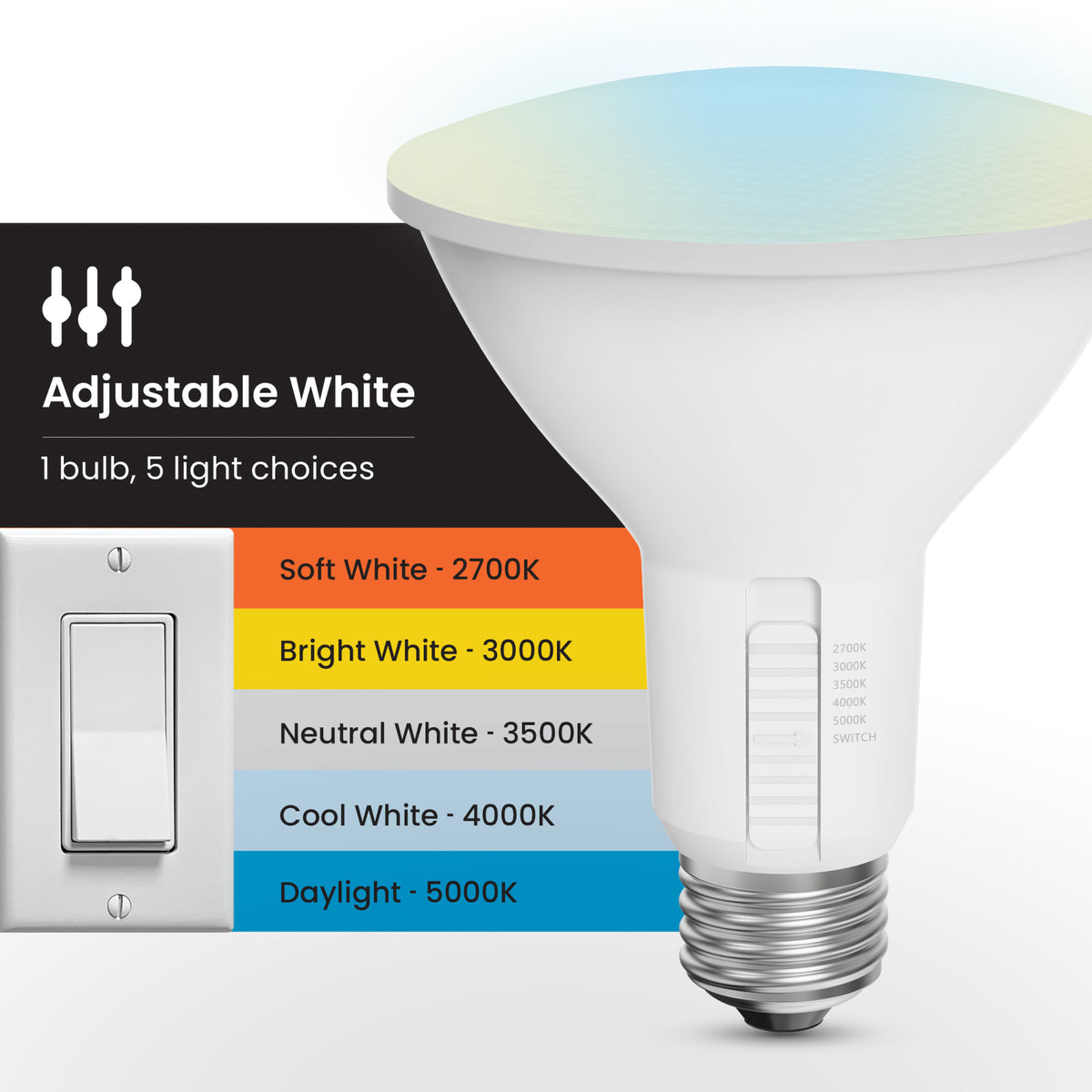 8.3W (75W Replacement) Adjustable White Dimmable PAR30 LED Bulb with Switch Mode (2-Pack)