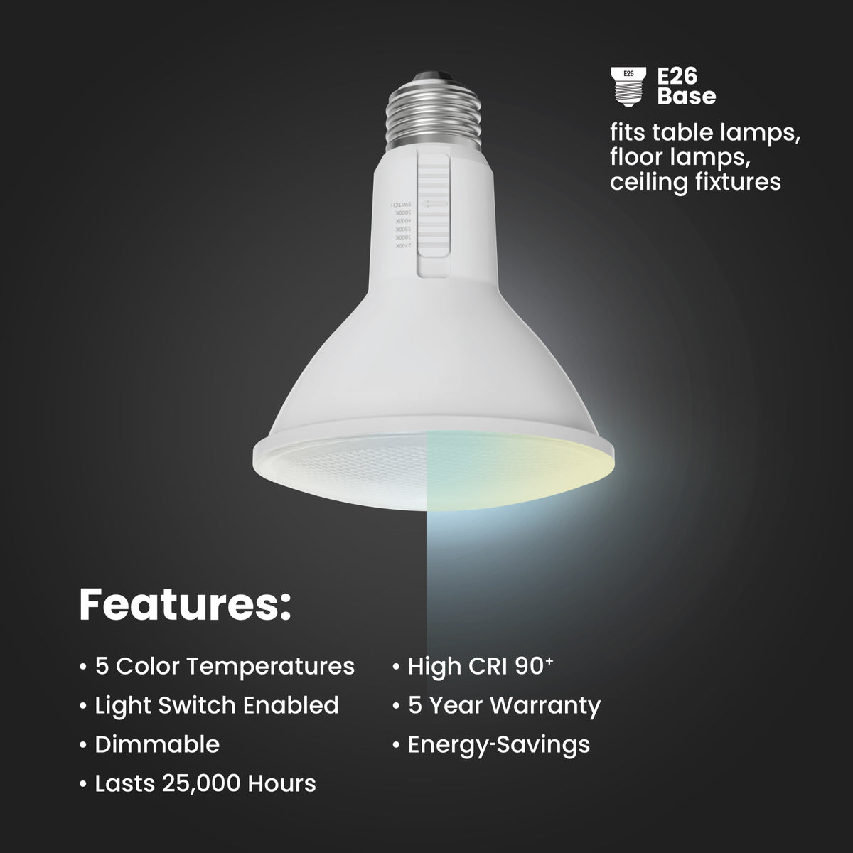 8.3W (75W Replacement) Adjustable White Dimmable PAR30 LED Bulb with Switch Mode (2-Pack)