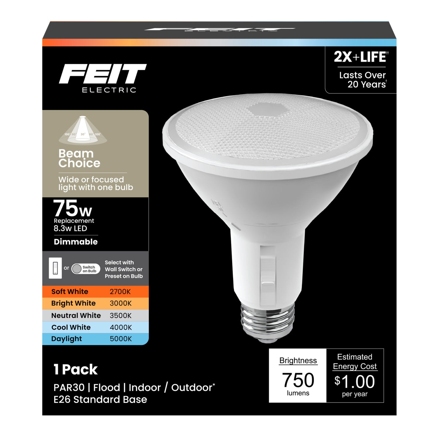 8.3W (75W Replacement) Adjustable White E26 Base Long PAR30 Dimmable Beam Choice Enhance Reflector LED