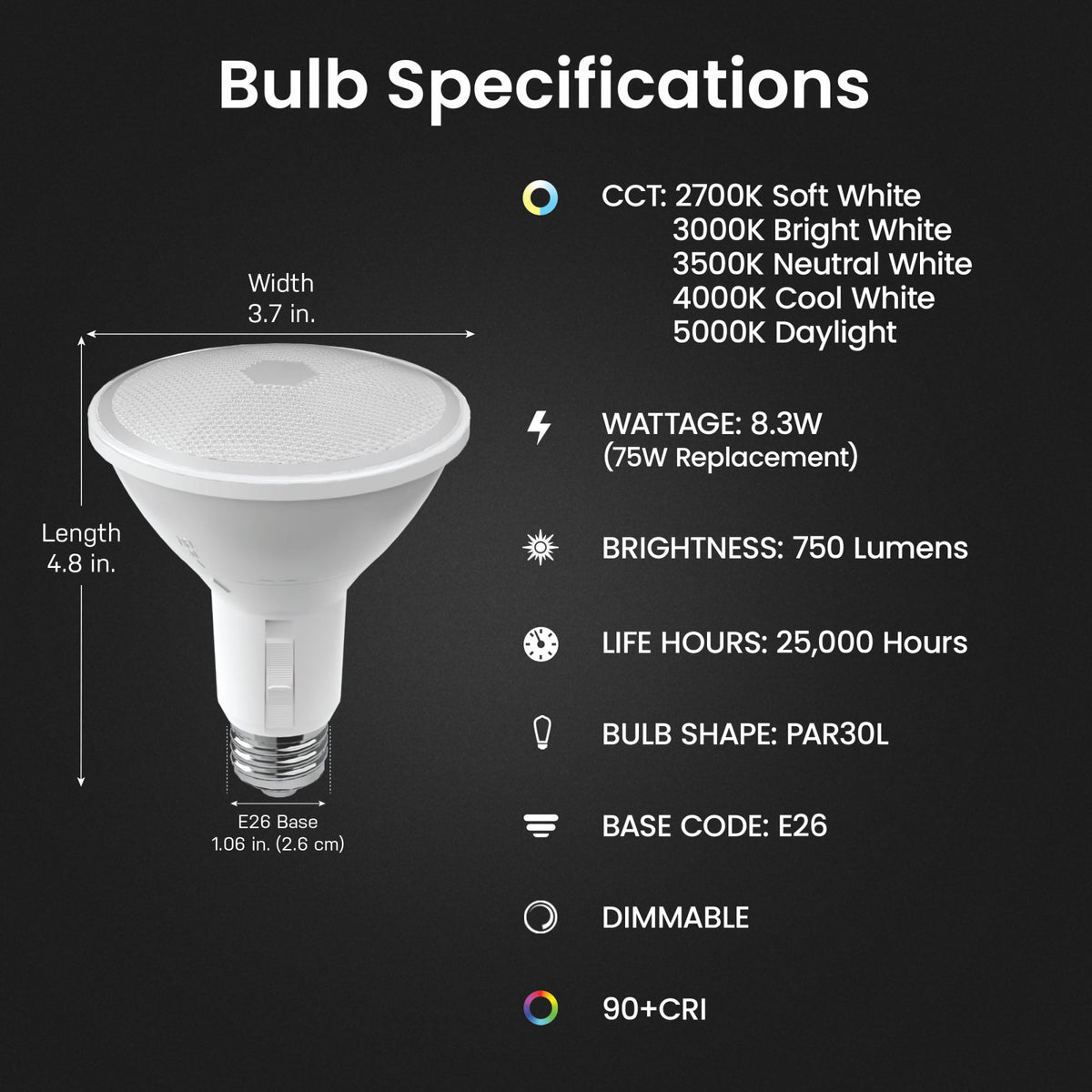 8.3W (75W Replacement) Adjustable White E26 Base Long PAR30 Dimmable Beam Choice Enhance Reflector LED with Switch Mode