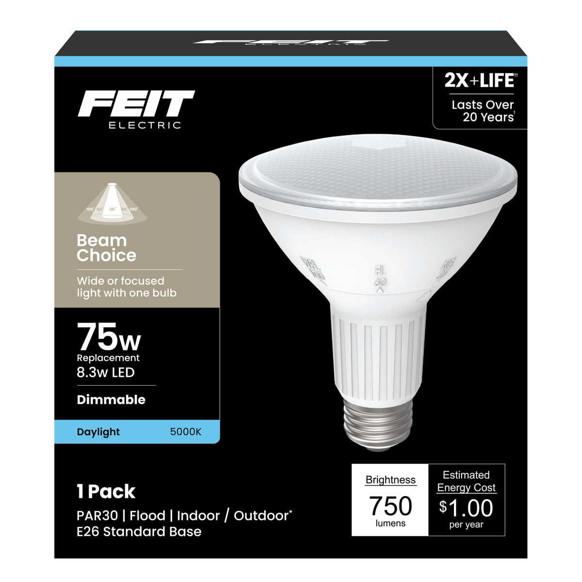 8.3W (75W Replacement) Daylight (5000K) E26 Base Long PAR30 Dimmable BeamChoice Reflector LED Light Bulb