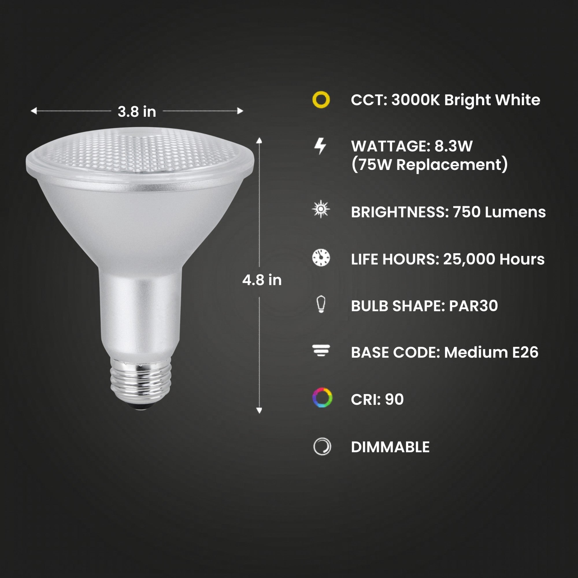8.3W (75W Replacement) Bright White (3000K) E26 Base PAR30
