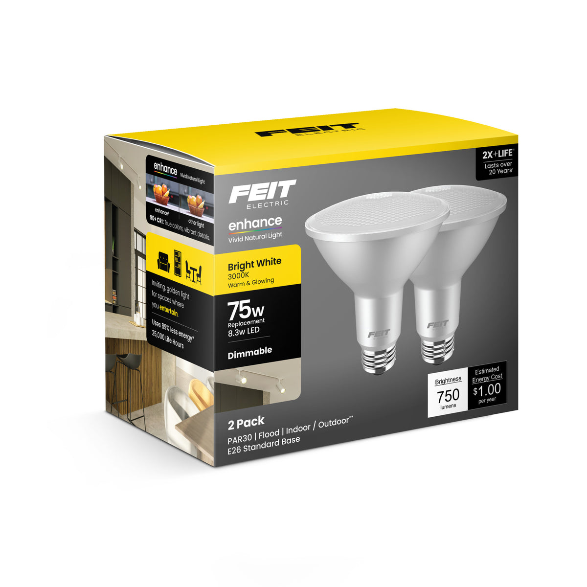 8.3W (75W Replacement) Bright White (3000K) E26 Base PAR30 Dimmable Enhance Reflector LED (2-Pack)