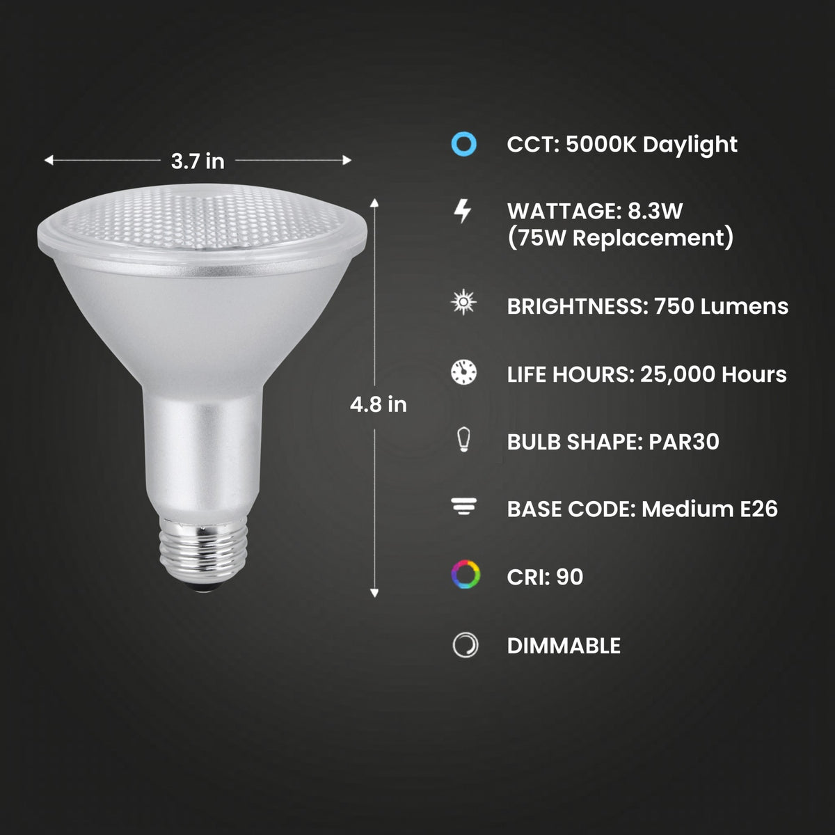 8.3W (75W Replacement) Daylight (5000K) E26 Base PAR30 Dimmable Enhance Reflector LED (2-Pack)