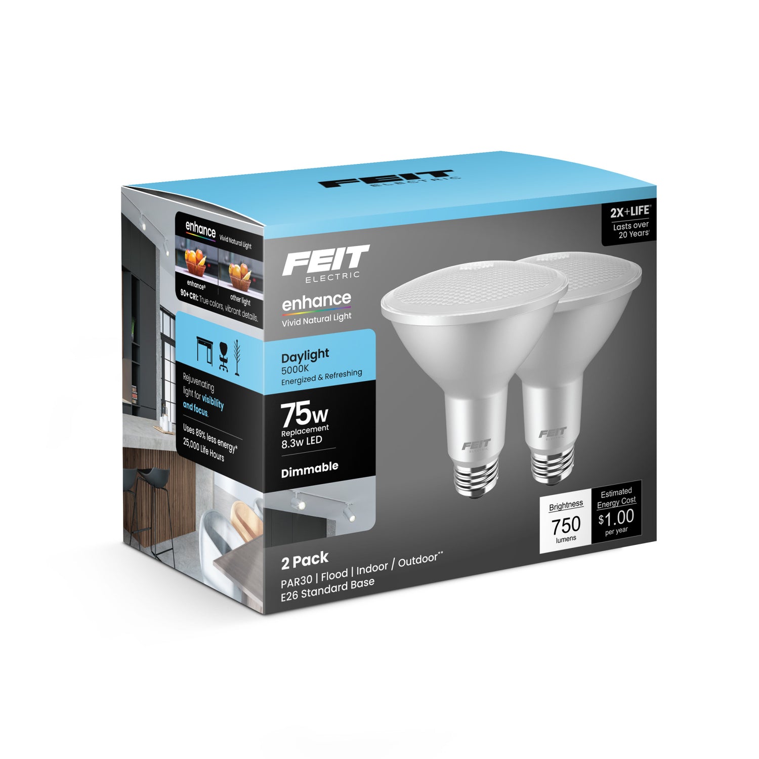 8.3W (75W Replacement) Daylight (5000K) E26 Base PAR30 Dimmable Enhance Reflector LED (2-Pack)
