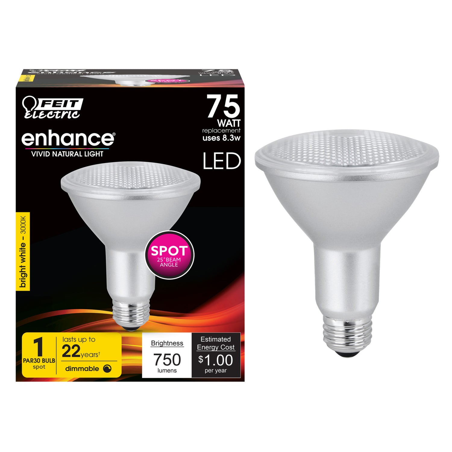 8.3W (75W Replacement) Bright White (3000K) PAR30 Dimmable Enhance Reflector LED