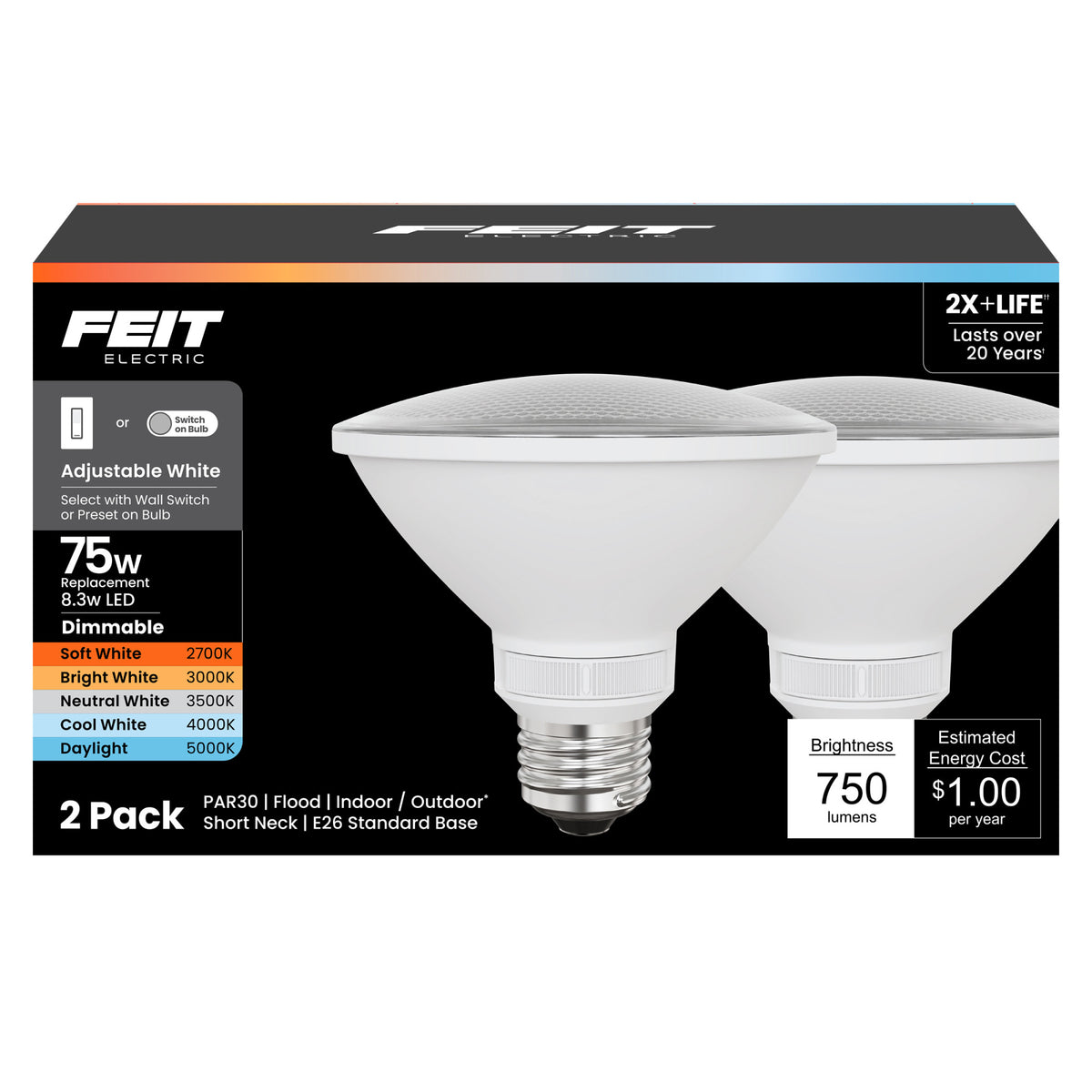 8.3W (75W Replacement) Adjustable White E26 Base PAR30 Short Neck Dimmable Reflector LED with Switch Mode (2-Pack)