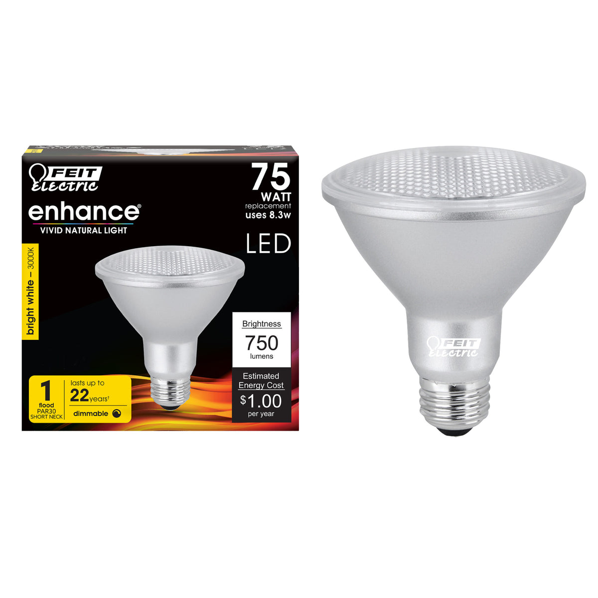 8.3W (75W Replacement) Bright White (3000K) E26 Base PAR30 Short Neck Dimmable Reflector LED