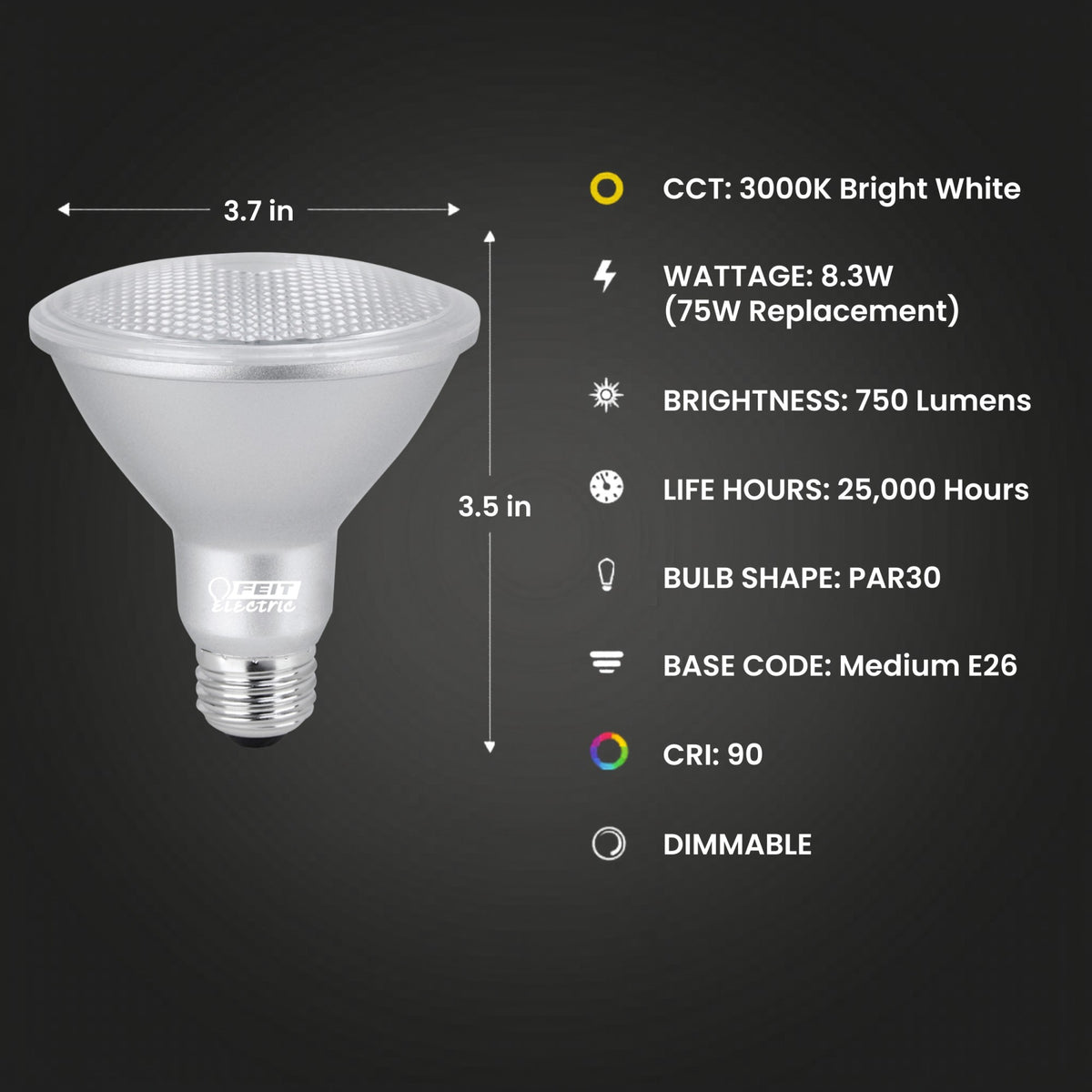 8.3W (75W Replacement) Bright White (3000K) E26 Base PAR30 Short Neck Dimmable Reflector LED