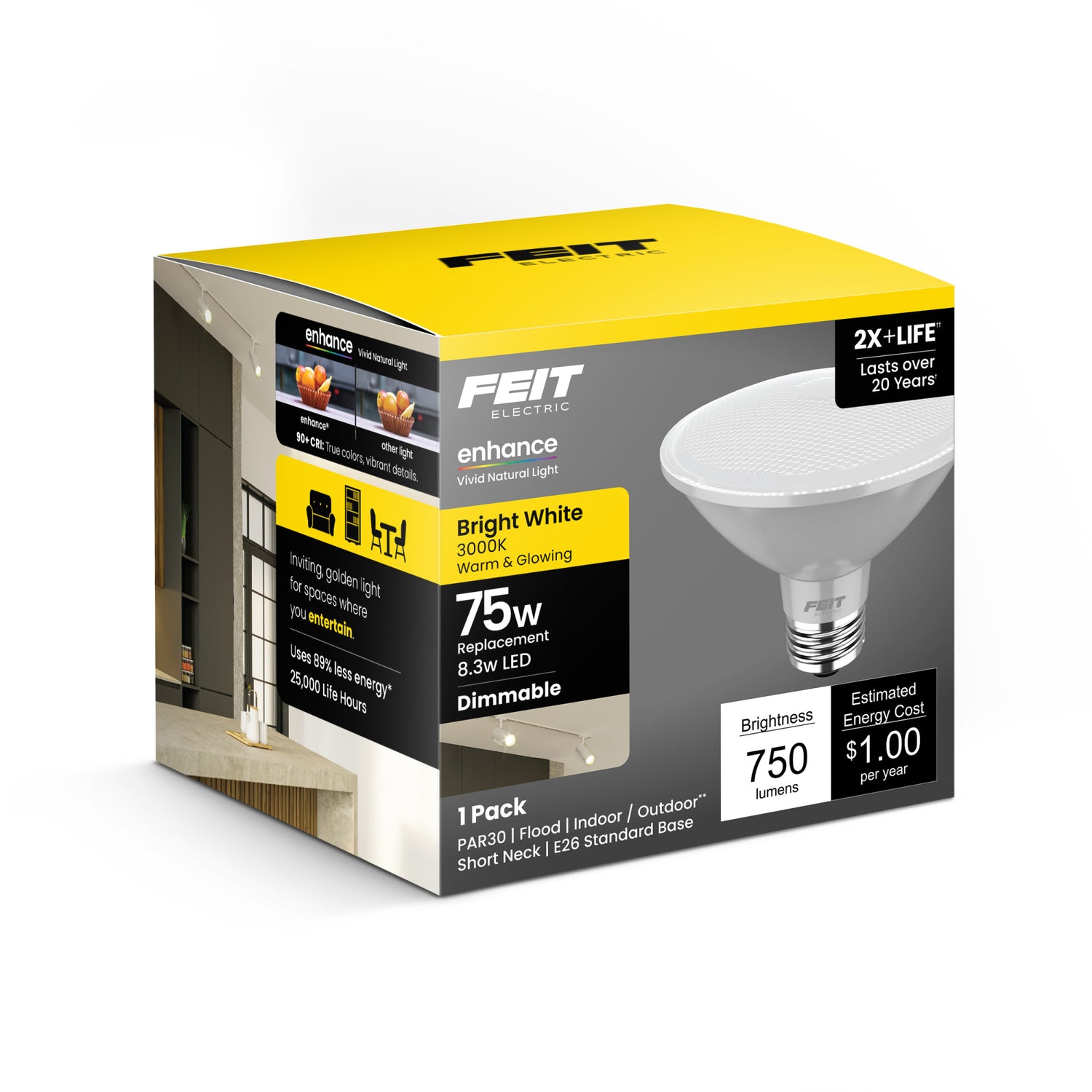 8.3W (75W Replacement) Bright White (3000K) E26 Base PAR30 Short Neck Dimmable Enhance Reflector LED