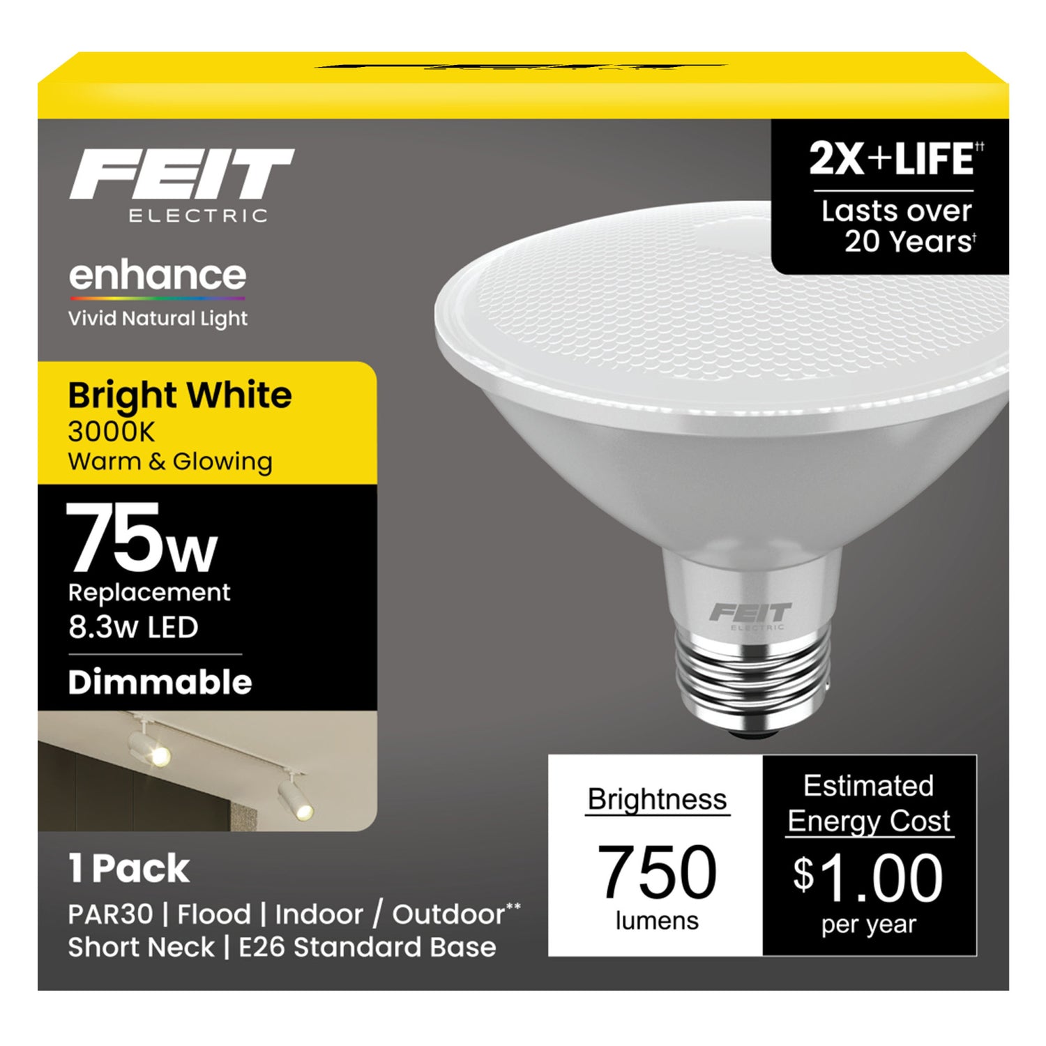 8.3W (75W Replacement) Bright White (3000K) E26 Base PAR30 Short Neck Dimmable Enhance Reflector LED