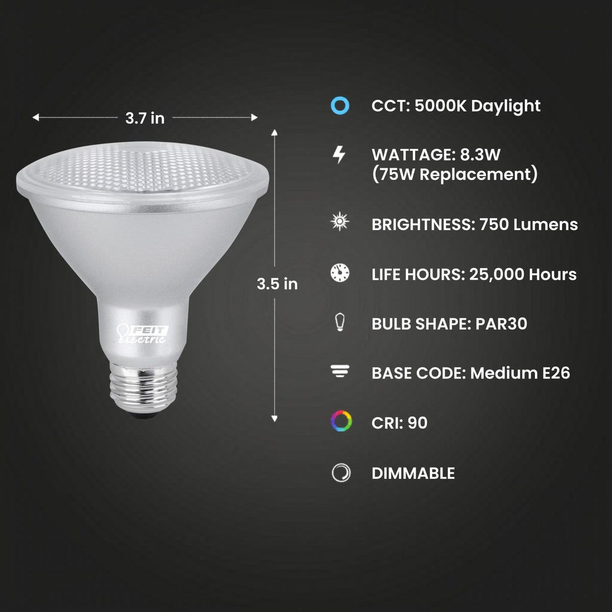 8.3W (75W Replacement) Daylight (5000K) E26 Base PAR30 Short Neck Dimmable Enhance Reflector LED