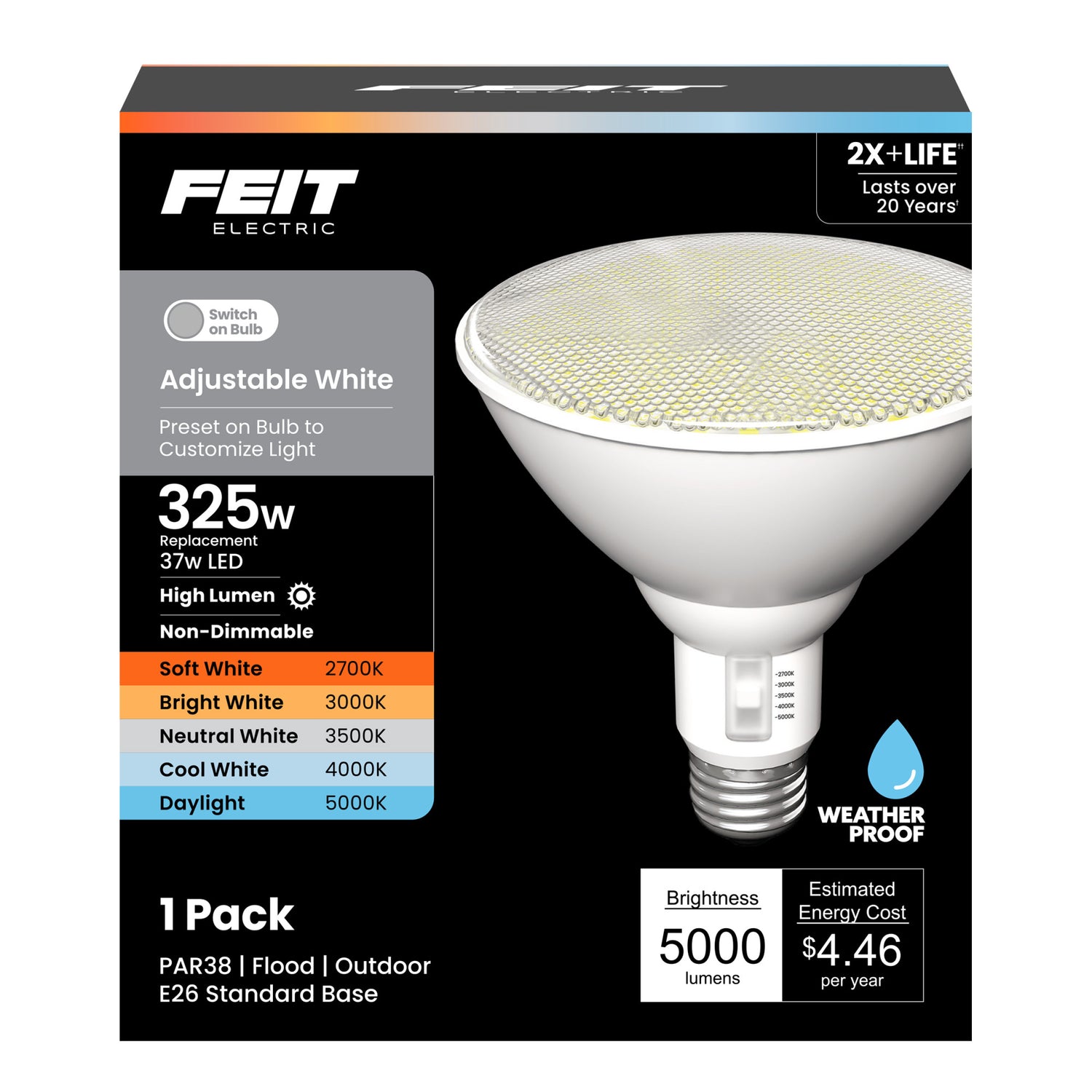 37W (325W Replacement) Adjustable White E26 Base PAR38 High Lumen Non-Dimmable LED