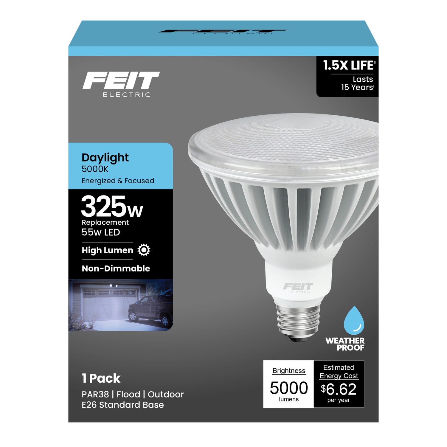 55W (325W Replacement) Daylight (5000K) E26 Base PAR38 High Lumen Non-Dimmable LED