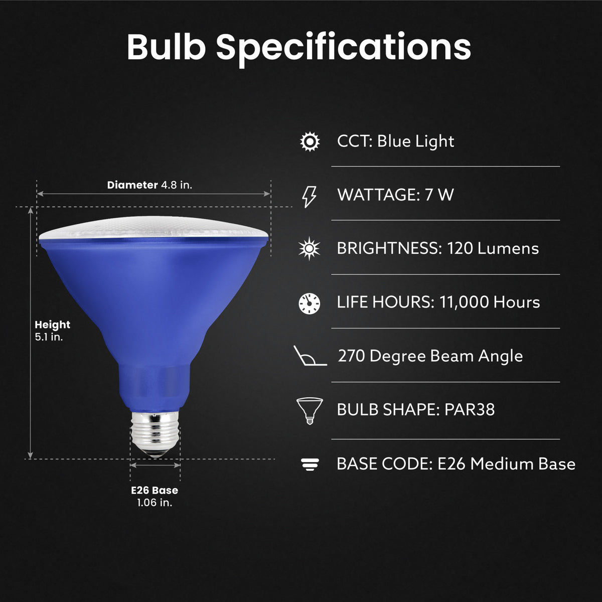 7W Blue PAR38 Non-Dimmable LED Reflector Light Bulb