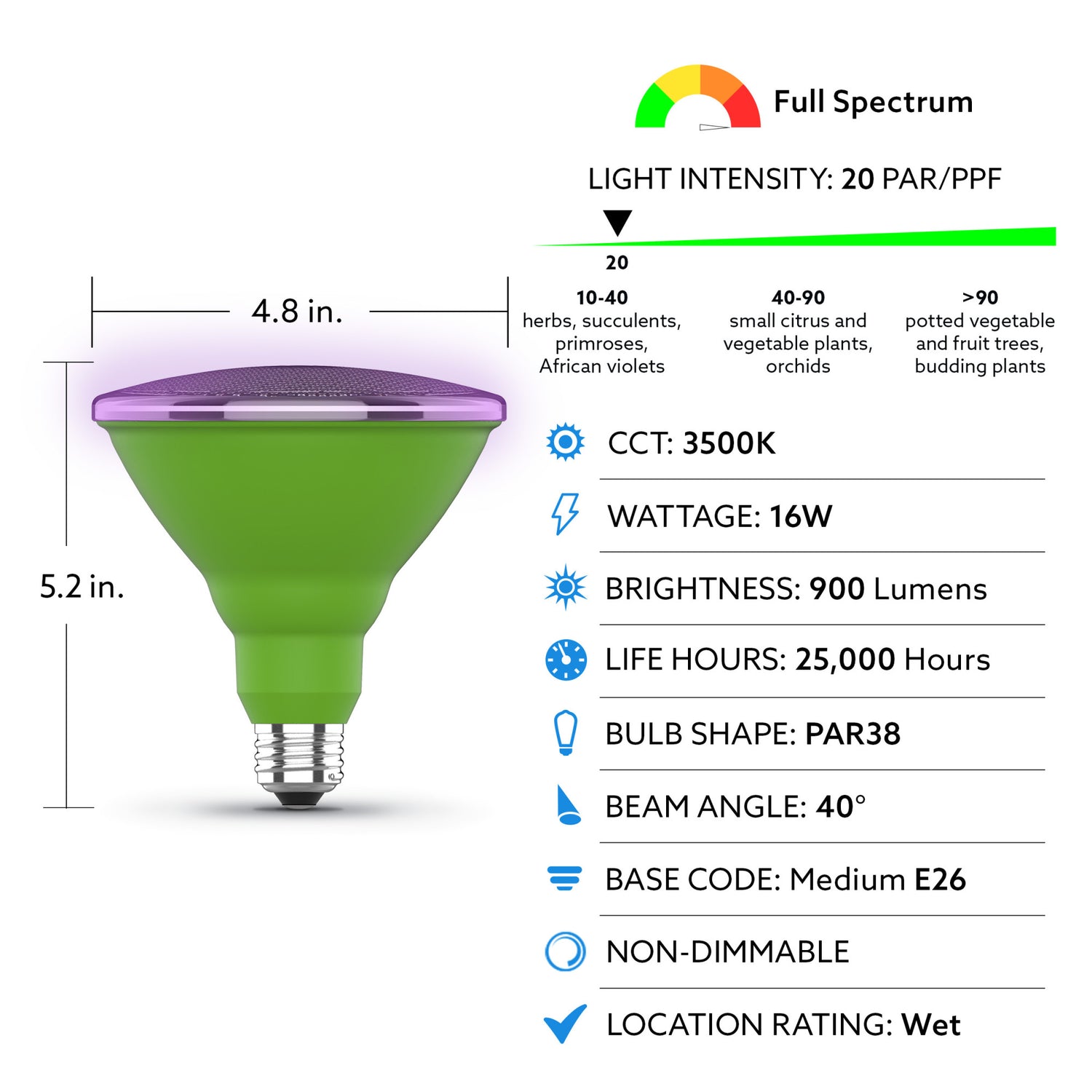 16W PAR38 E26 Base LED Plant Grow Light Bulb
